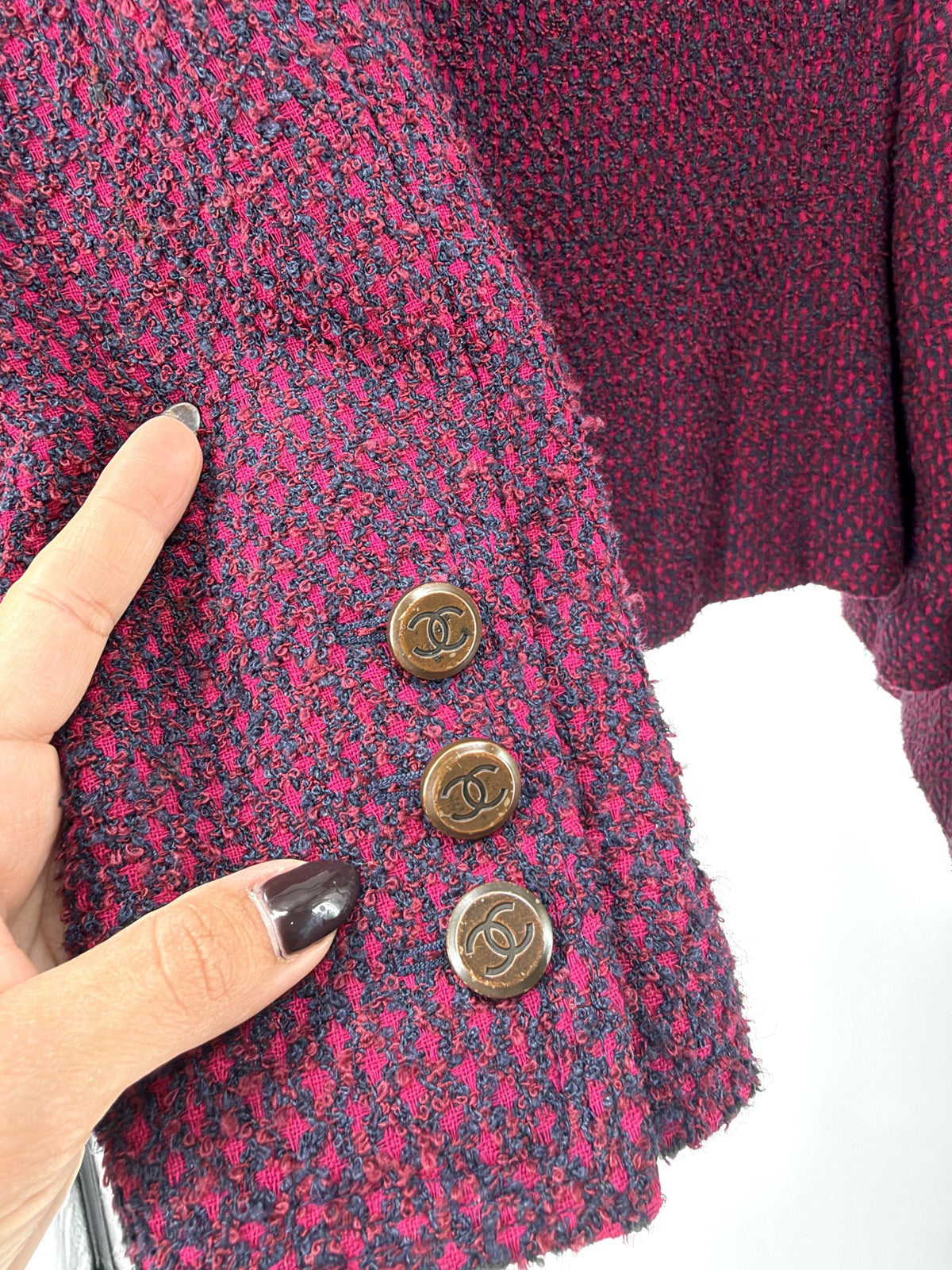 Chanel Boutique Magenta Navy Tweed Skirt Suit FR38