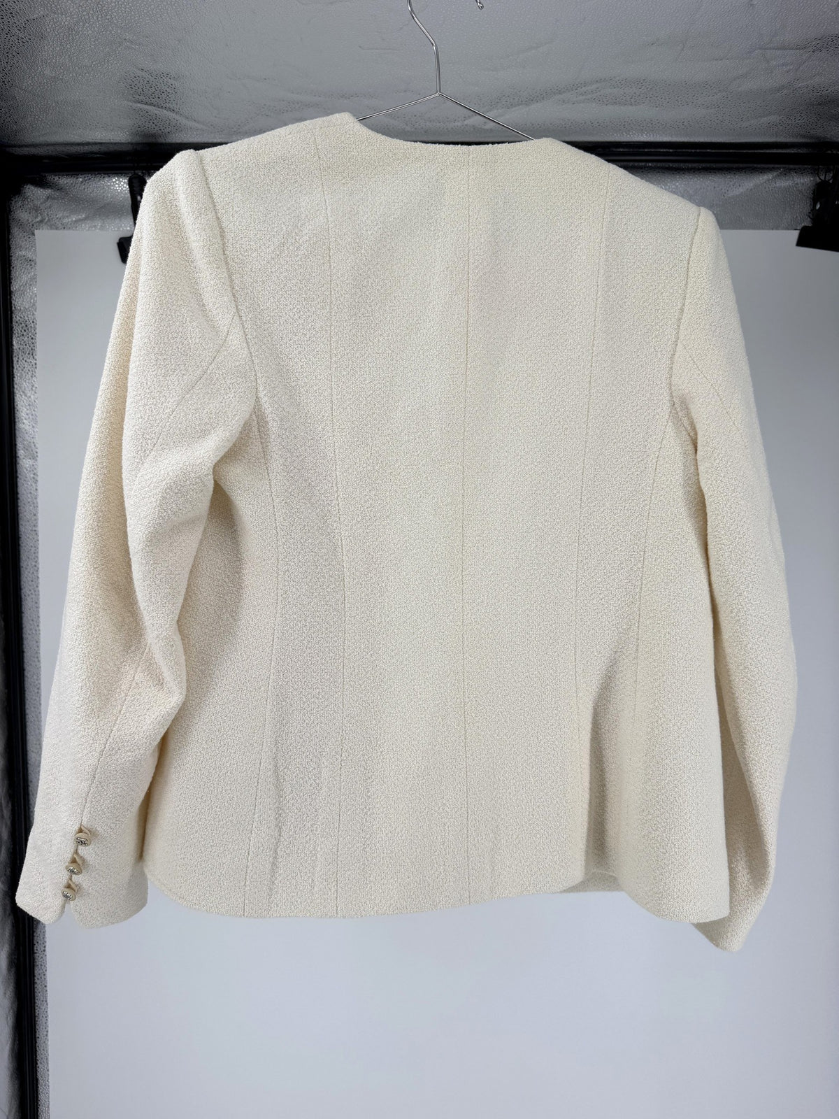 Chanel Boutique Cropped Ivory Bouclé Jacket Chain Hem