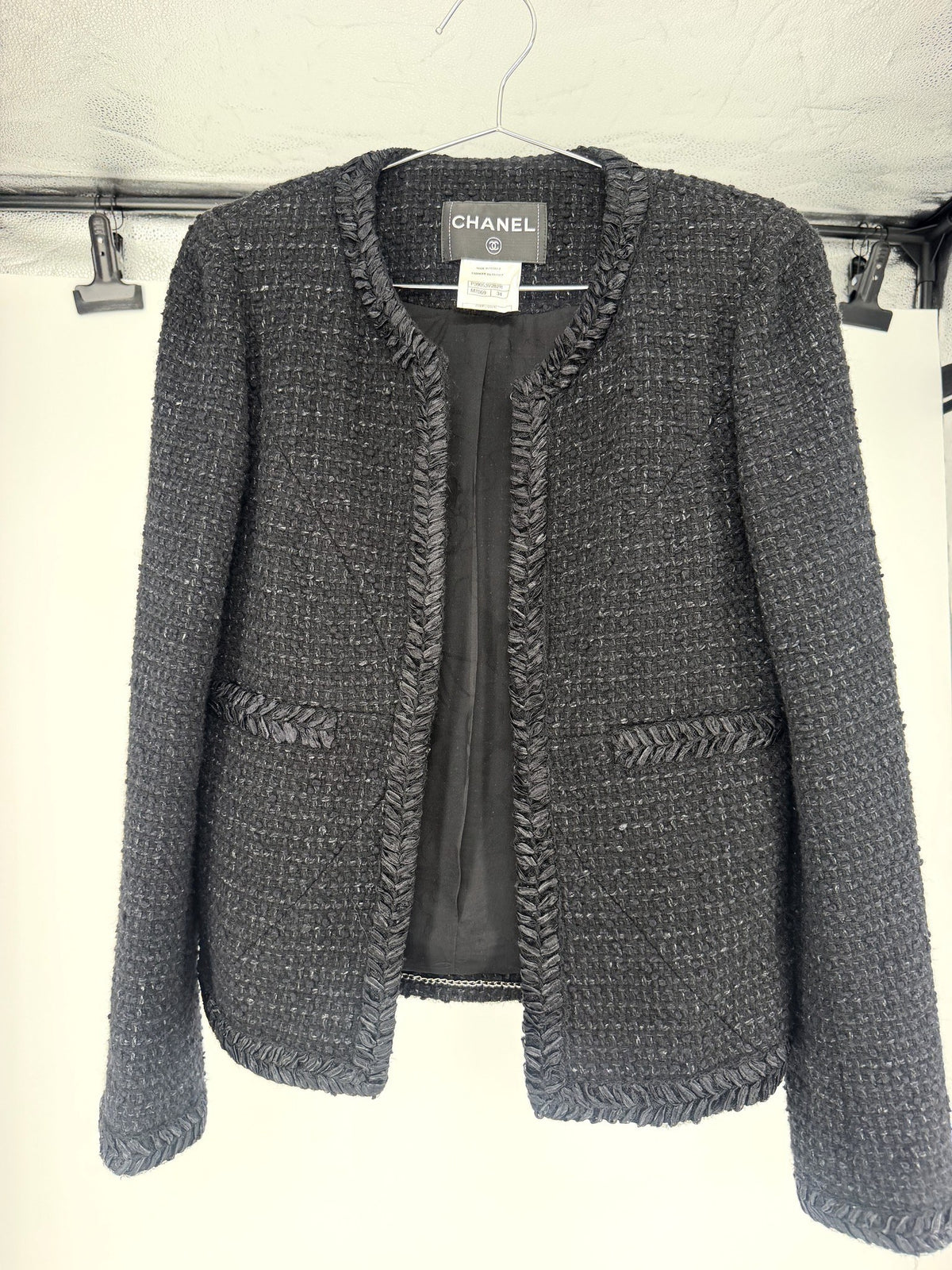 Chanel Black Tweed Jacket Fringe Trim Metallic FR34