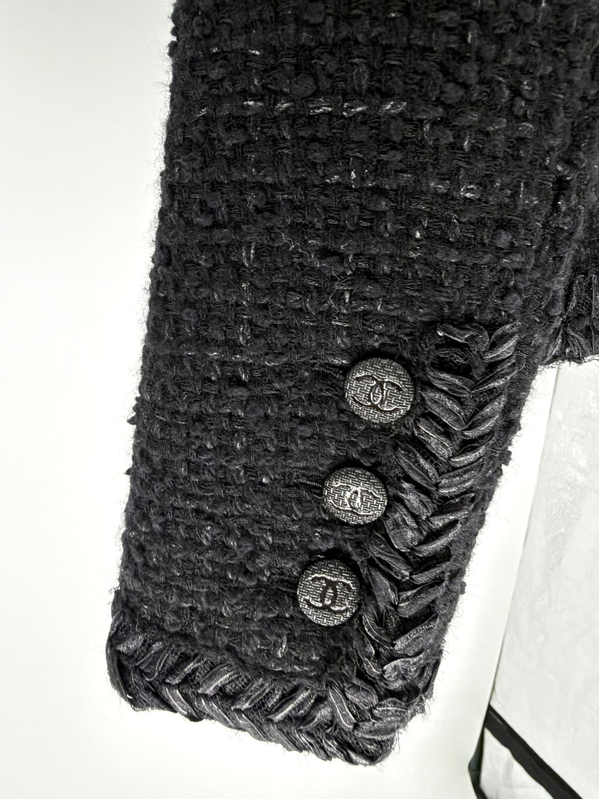 Chanel Black Tweed Jacket Fringe Trim Metallic FR34