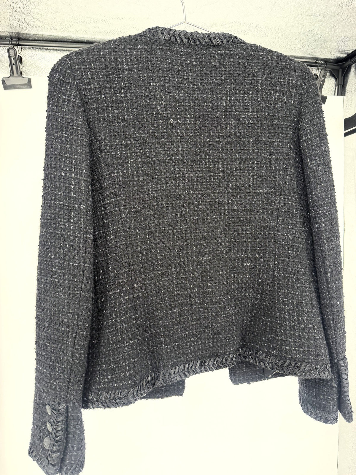 Chanel Black Tweed Jacket Fringe Trim Metallic FR34