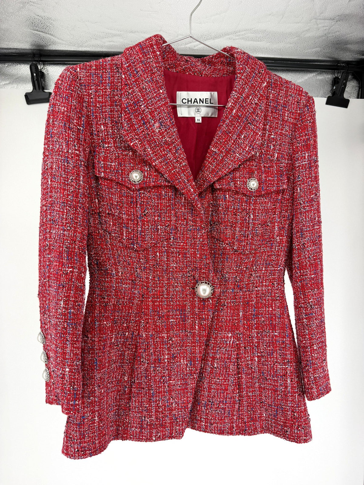 Chanel Red Tweed Blazer Pearl CC Buttons FR34