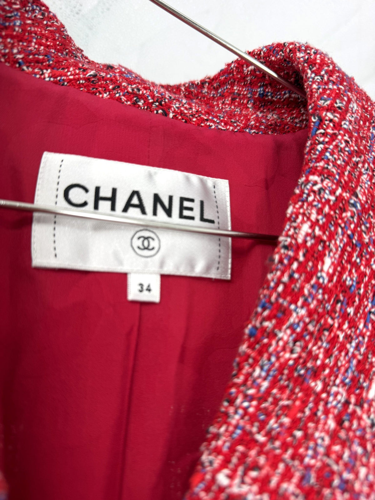 Chanel Red Tweed Blazer Pearl CC Buttons FR34