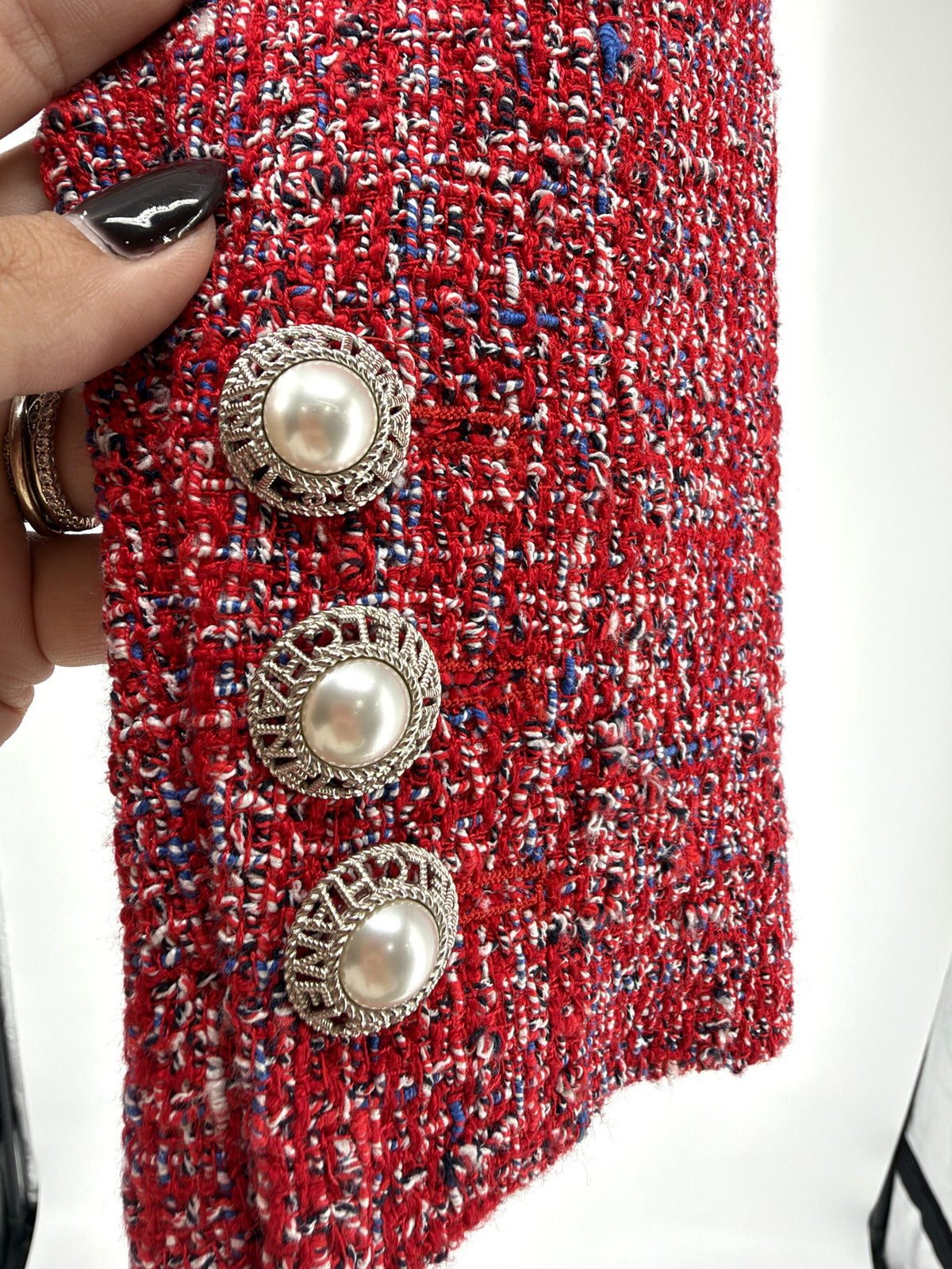 Chanel Red Tweed Blazer Pearl CC Buttons FR34
