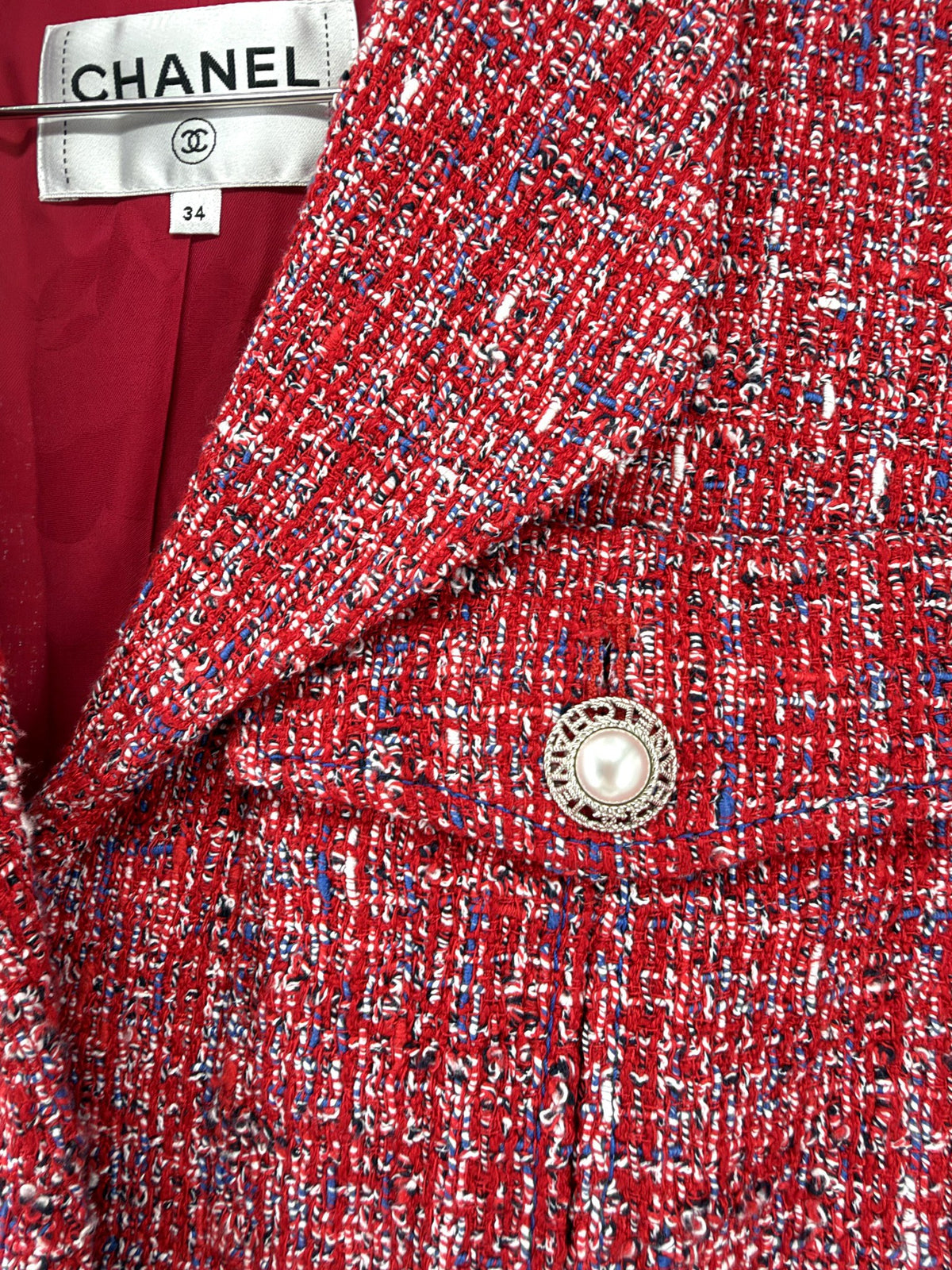 Chanel Red Tweed Blazer Pearl CC Buttons FR34