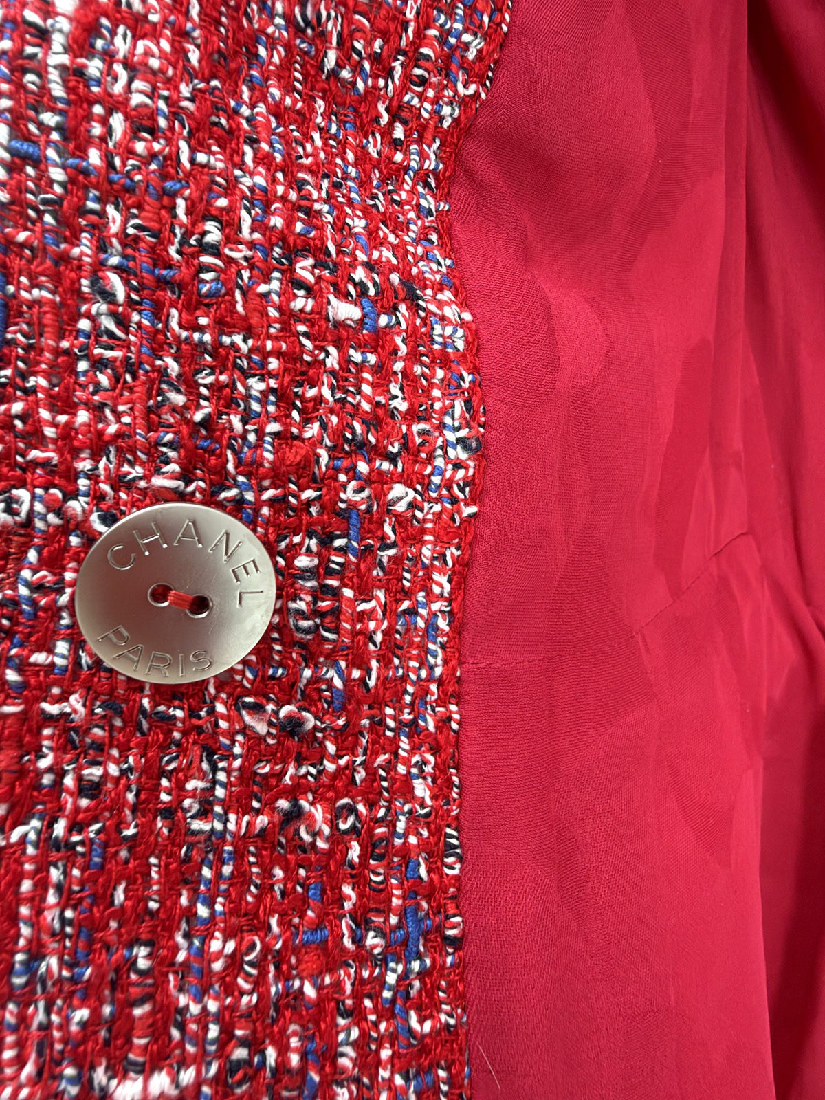 Chanel Red Tweed Blazer Pearl CC Buttons FR34