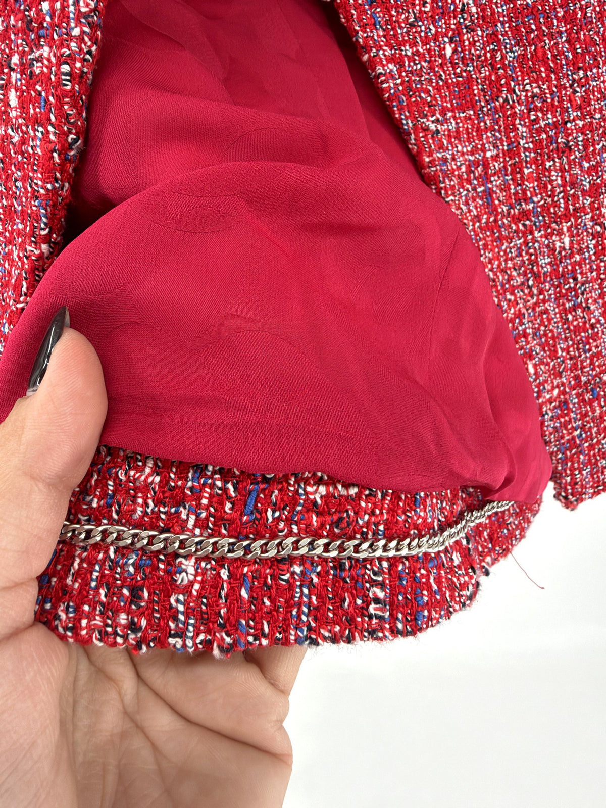 Chanel Red Tweed Blazer Pearl CC Buttons FR34