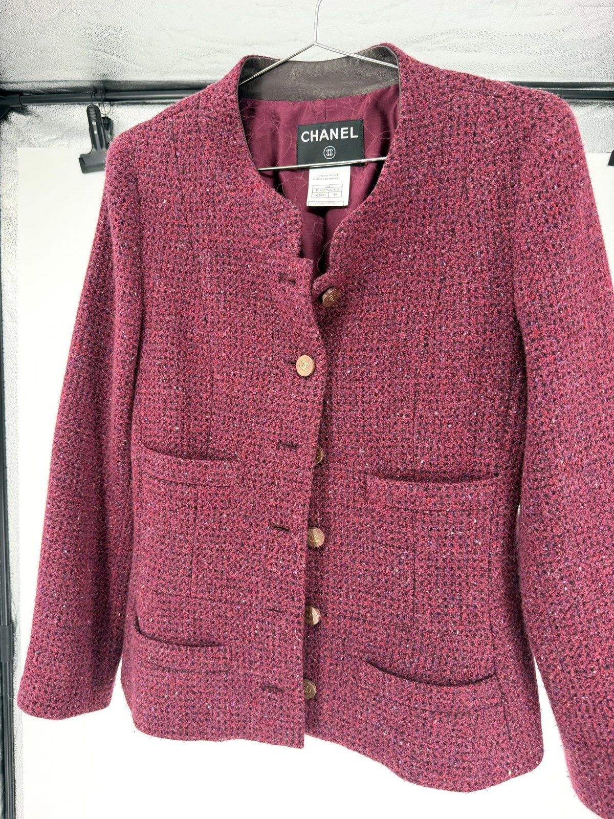 Chanel Burgundy Tweed Jacket Camellia Lining FR40