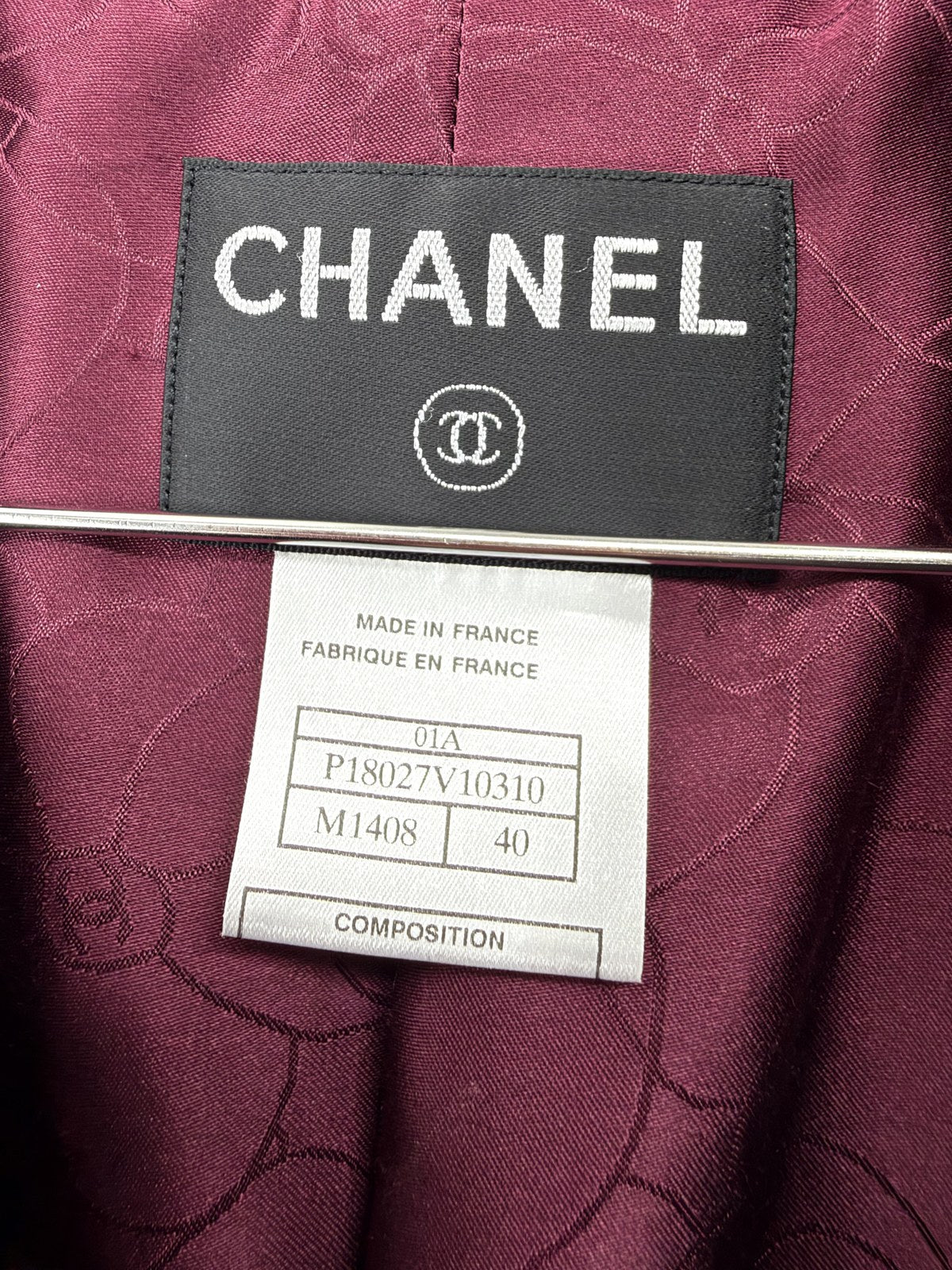 Chanel Burgundy Tweed Jacket Camellia Lining FR40