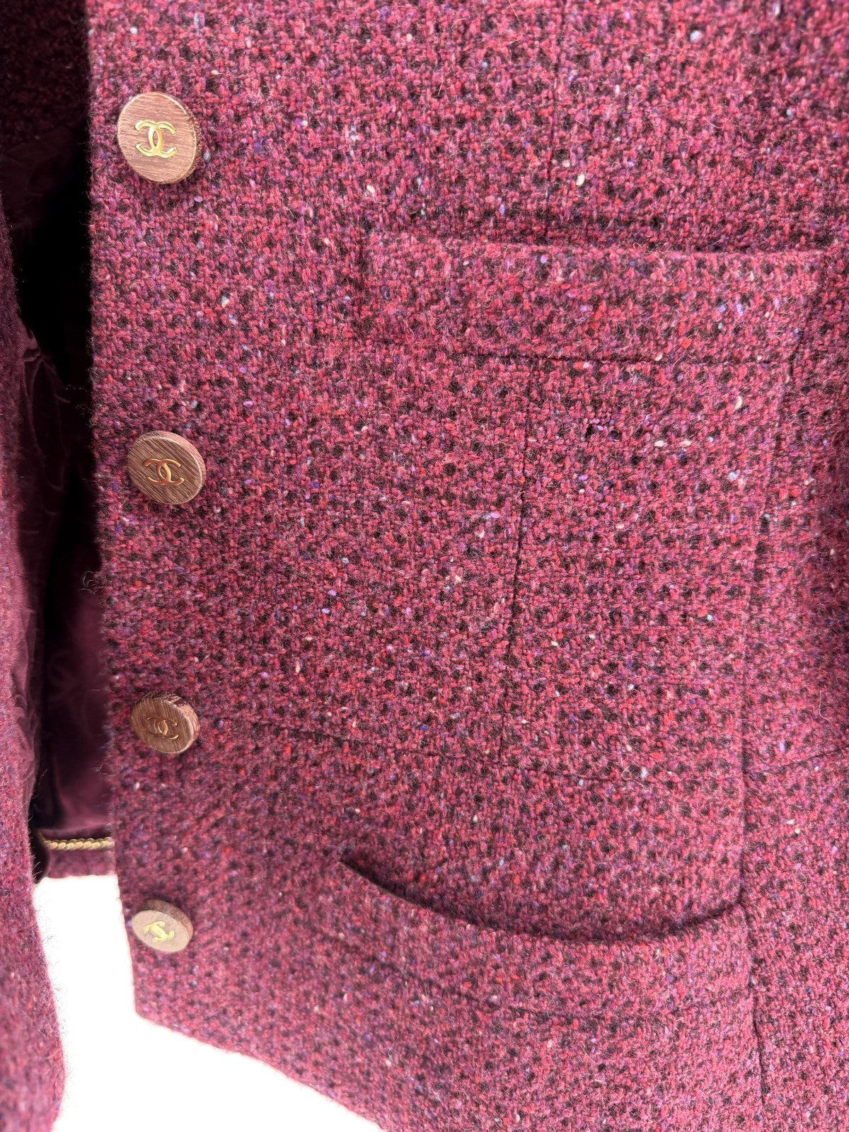 Chanel Burgundy Tweed Jacket Camellia Lining FR40