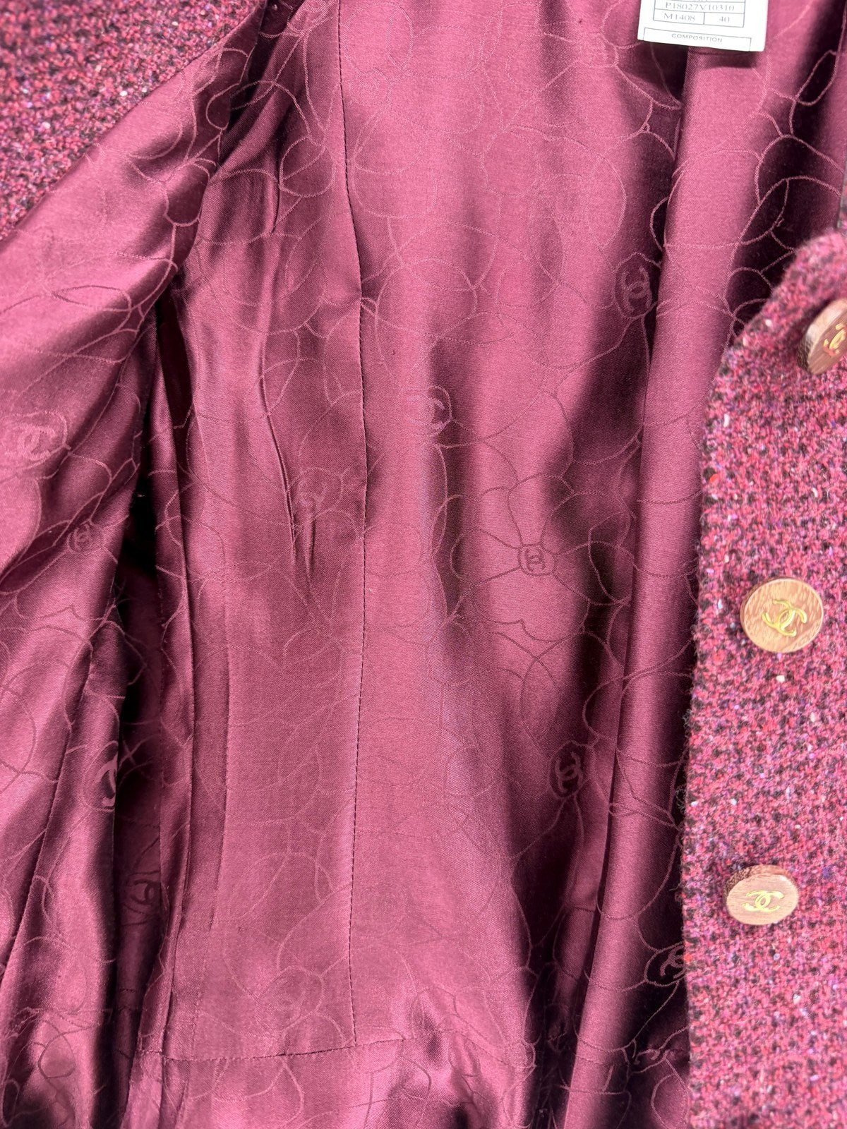 Chanel Burgundy Tweed Jacket Camellia Lining FR40