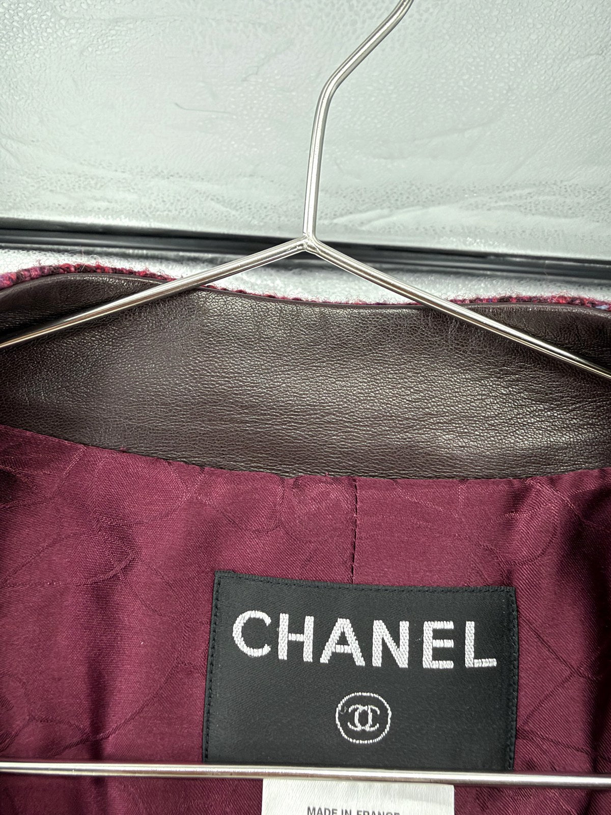 Chanel Burgundy Tweed Jacket Camellia Lining FR40