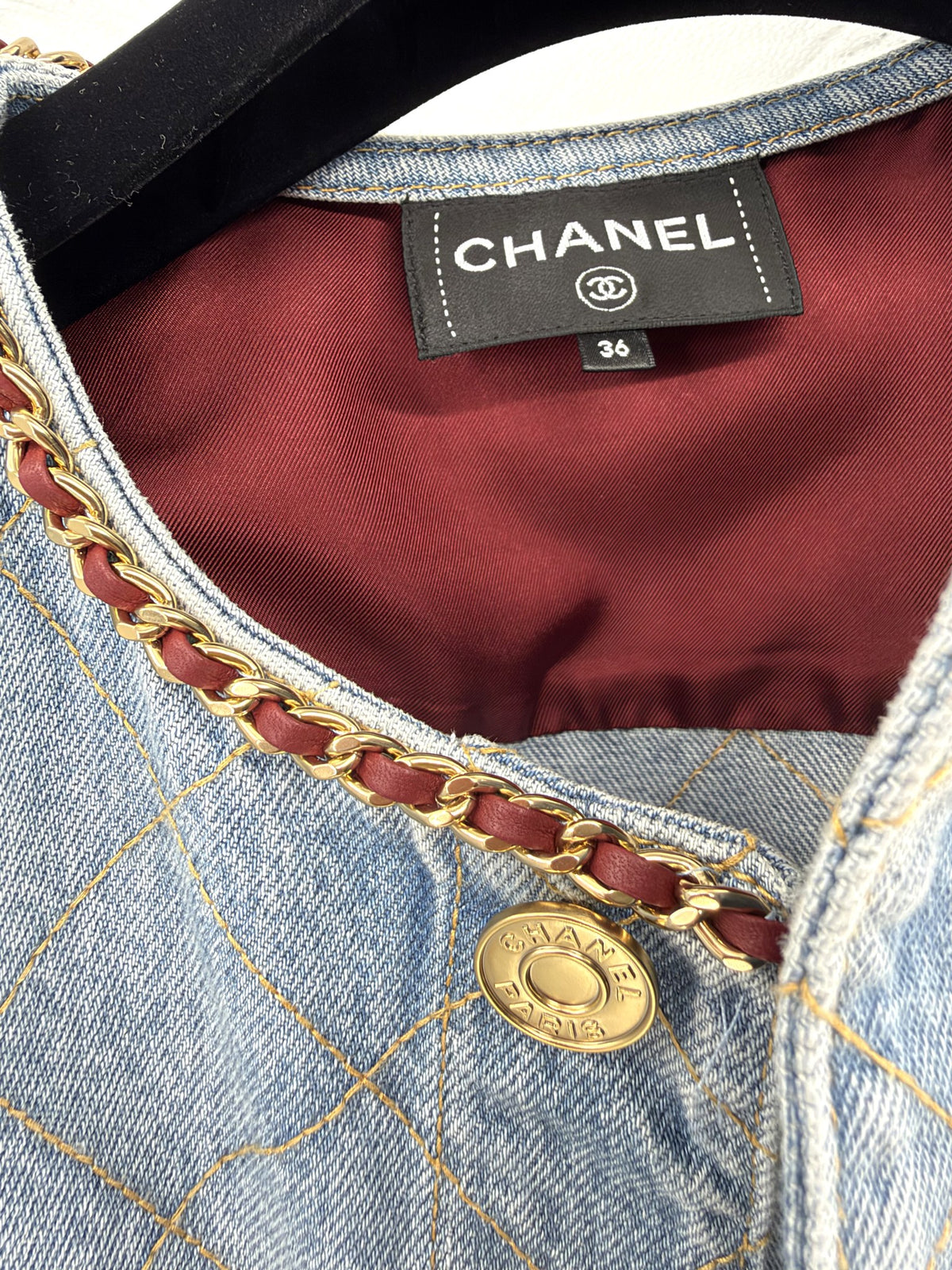 Chanel Quilted Denim Jacket Chain Neckline FR36