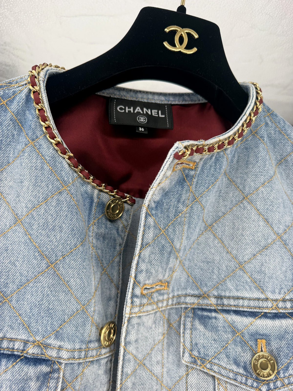 Chanel Quilted Denim Jacket Chain Neckline FR36