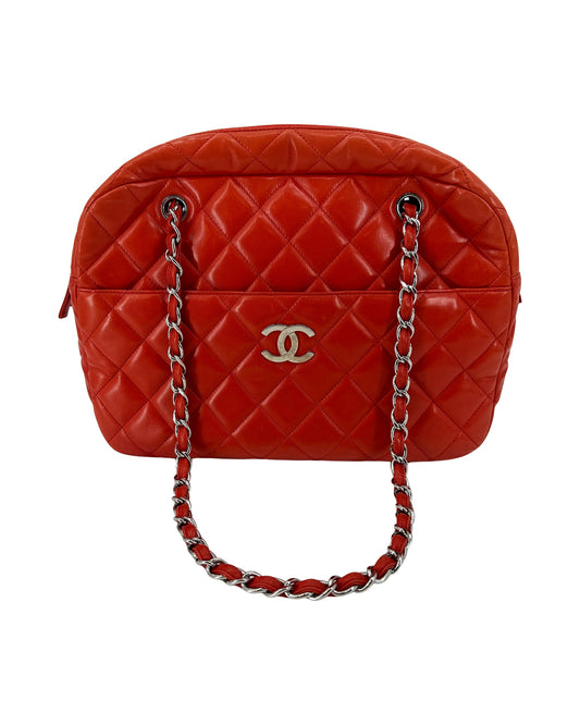 Chanel Quilted Lambskin Bowling Bag Red Chain Shoulder Bag