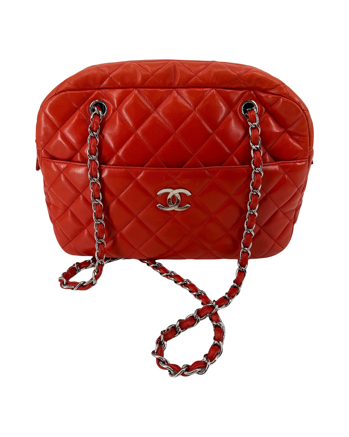 Chanel Quilted Lambskin Bowling Bag Red Chain Shoulder Bag