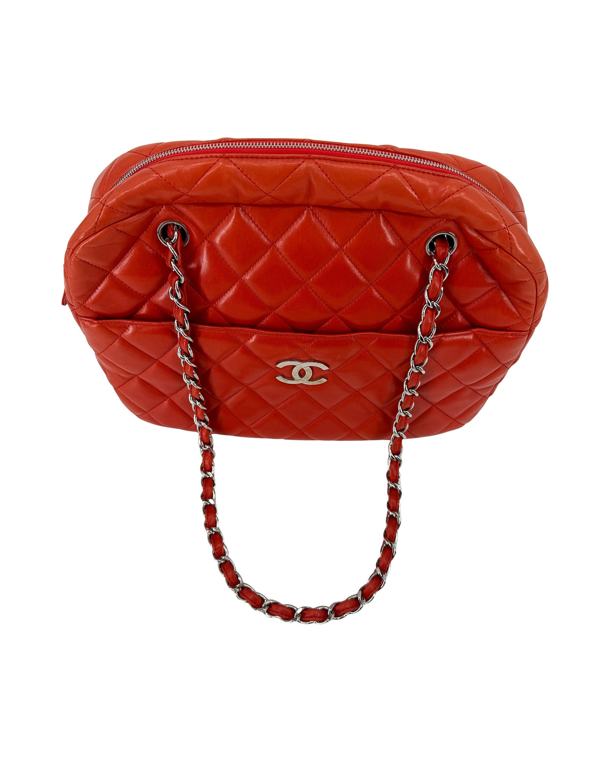 Chanel Quilted Lambskin Bowling Bag Red Chain Shoulder Bag