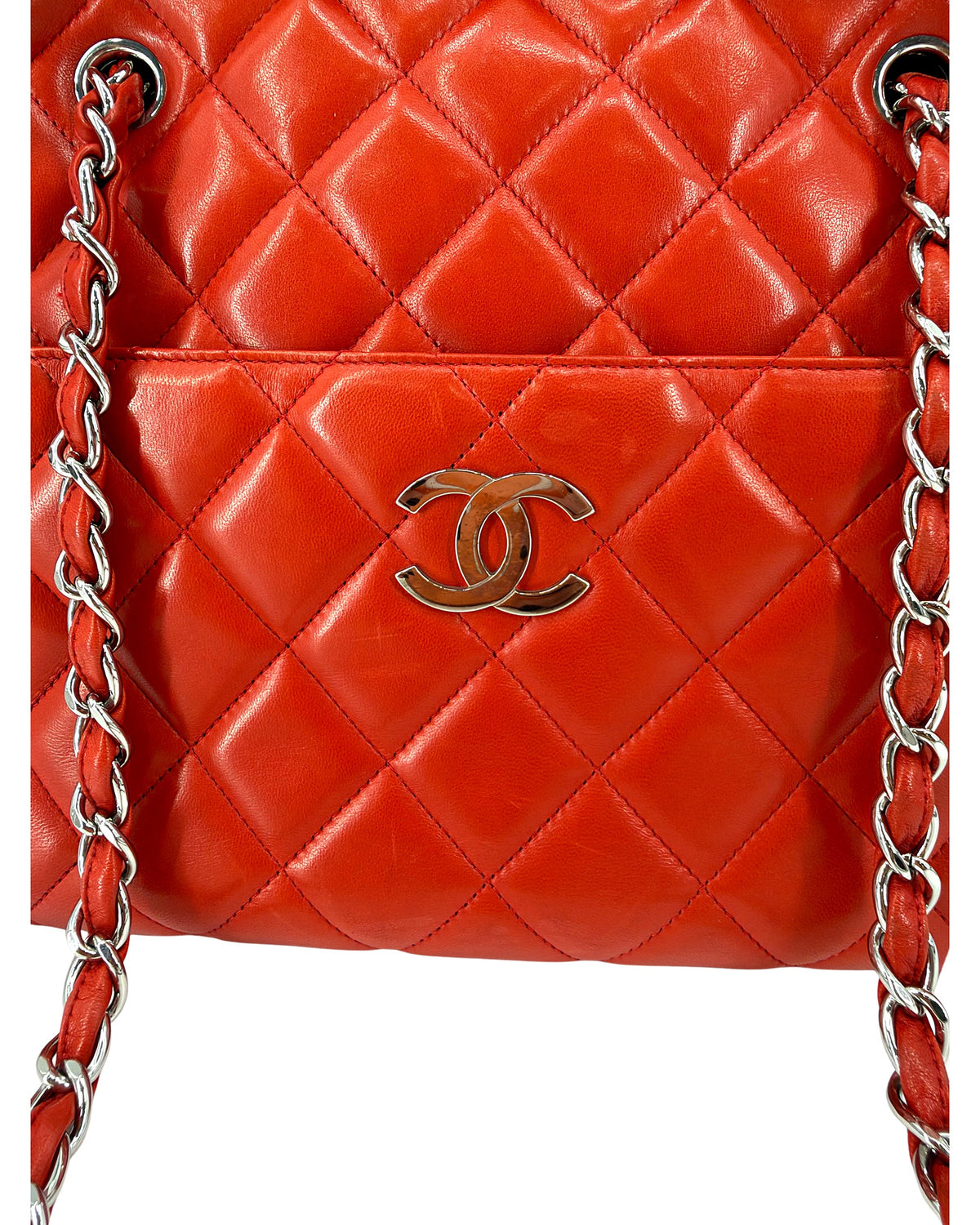 Chanel Quilted Lambskin Bowling Bag Red Chain Shoulder Bag