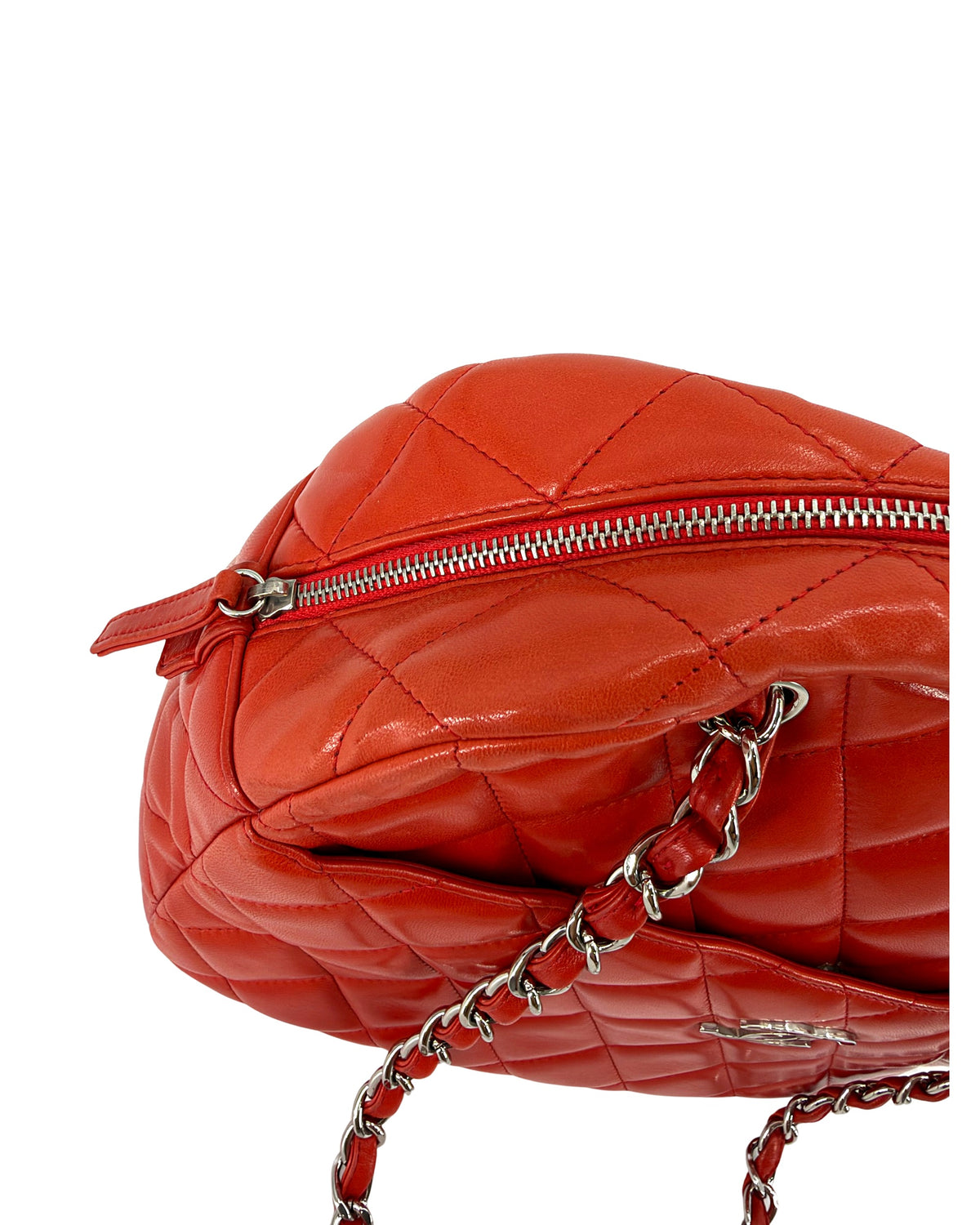Chanel Quilted Lambskin Bowling Bag Red Chain Shoulder Bag