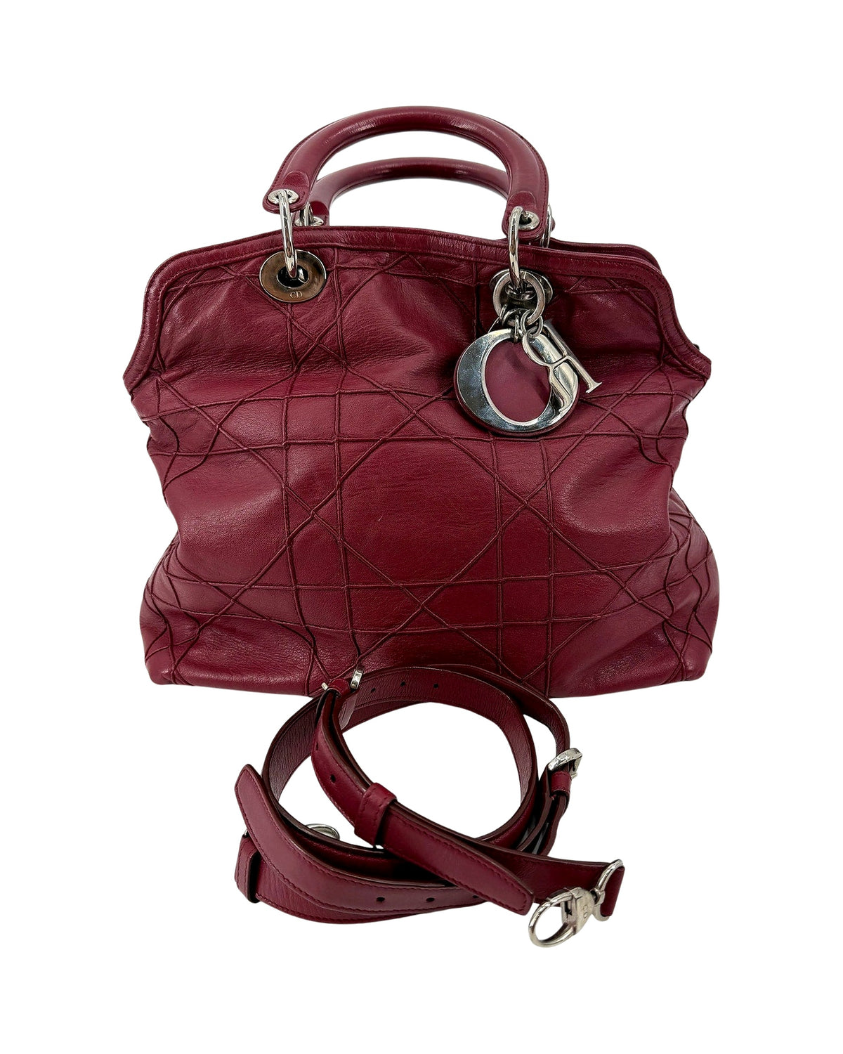 Christian Dior Granville Medium Tote Burgundy Cannage Lambskin Shoulder Strap
