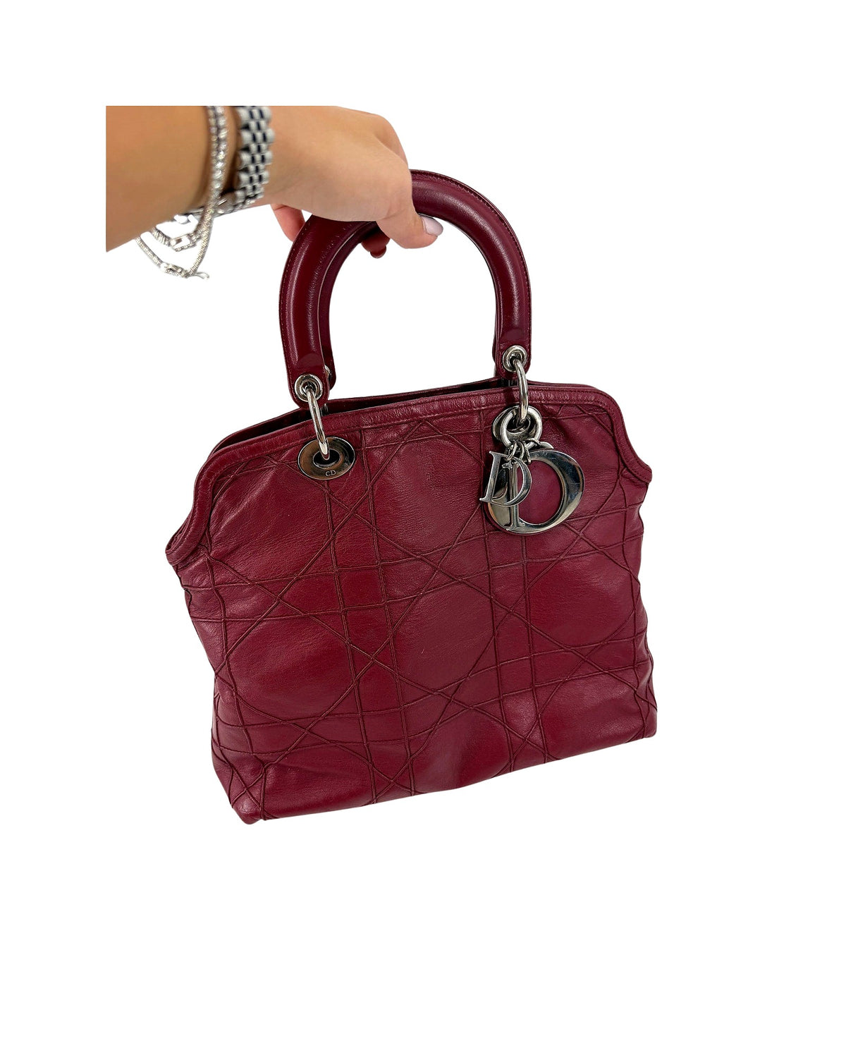 Christian Dior Granville Medium Tote Burgundy Cannage Lambskin Shoulder Strap