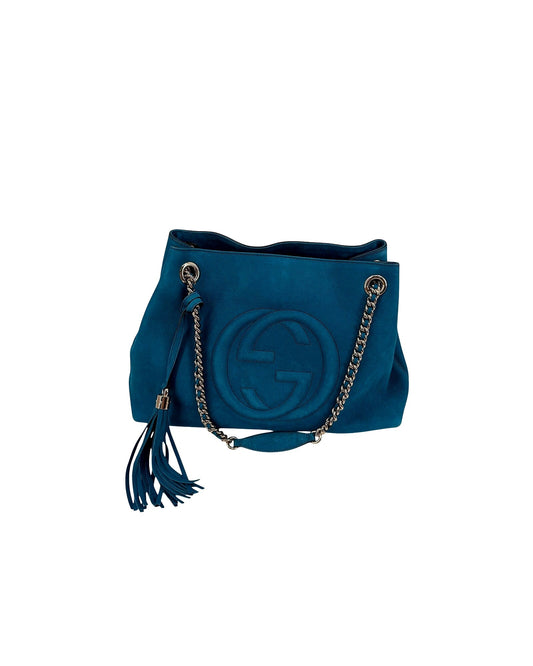 Gucci Soho Chain Shoulder Tote Teal Blue Suede Interlocking GG Tassel Bag