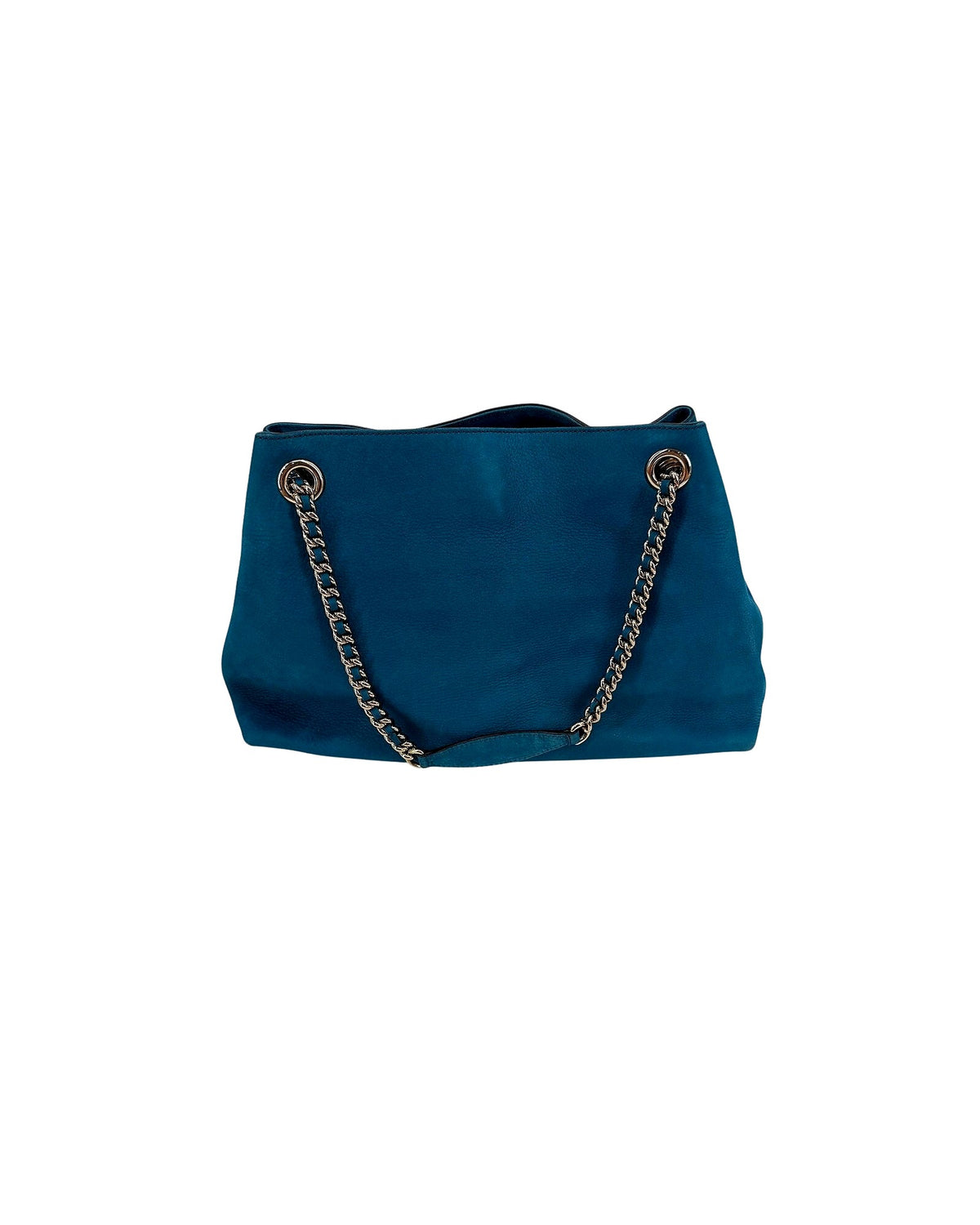 Gucci Soho Chain Shoulder Tote Teal Blue Suede Interlocking GG Tassel Bag