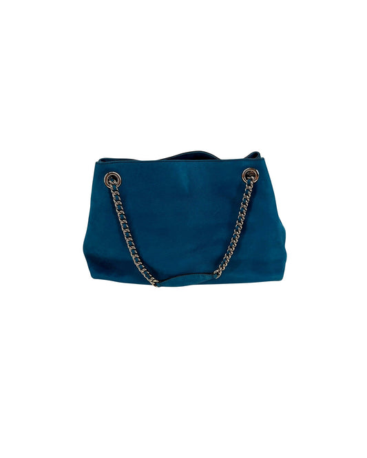 Gucci Soho Chain Shoulder Tote Teal Blue Suede Interlocking GG Tassel Bag