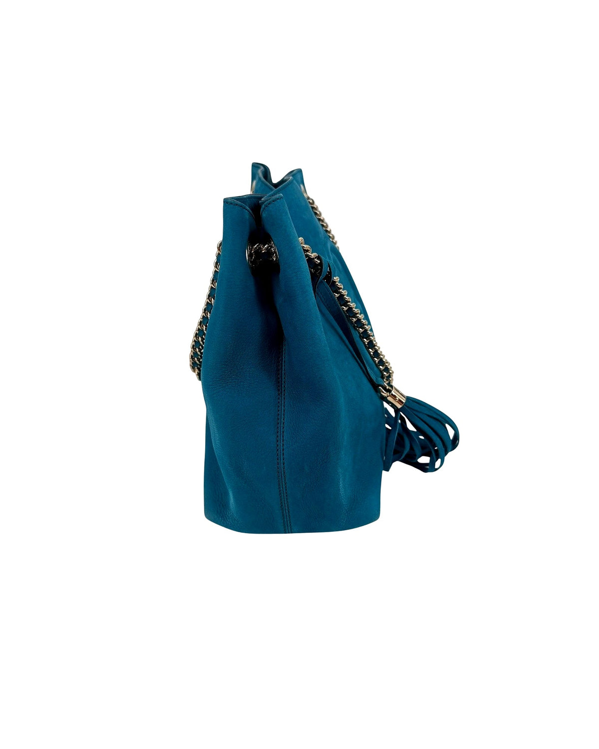 Gucci Soho Chain Shoulder Tote Teal Blue Suede Interlocking GG Tassel Bag