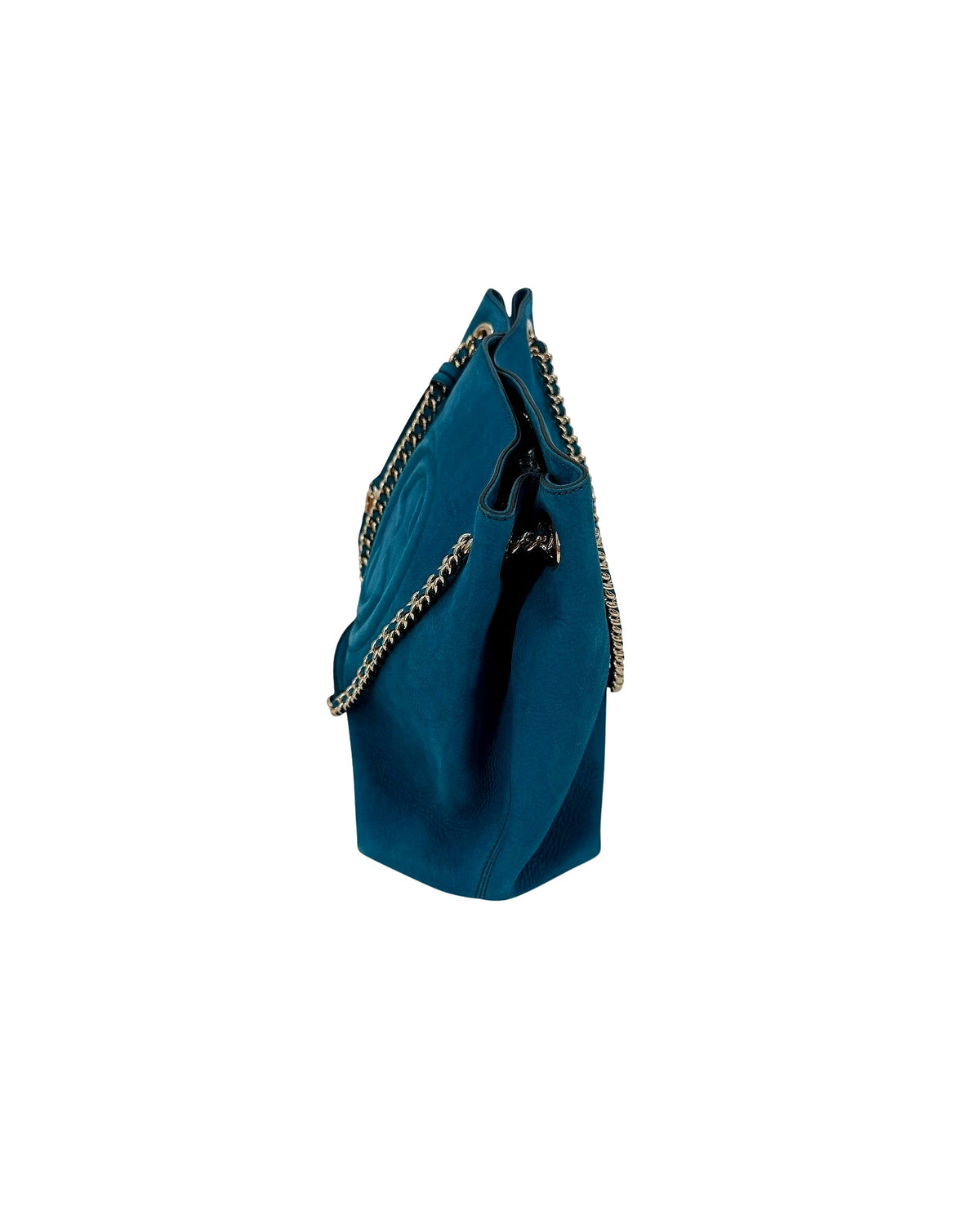 Gucci Soho Chain Shoulder Tote Teal Blue Suede Interlocking GG Tassel Bag