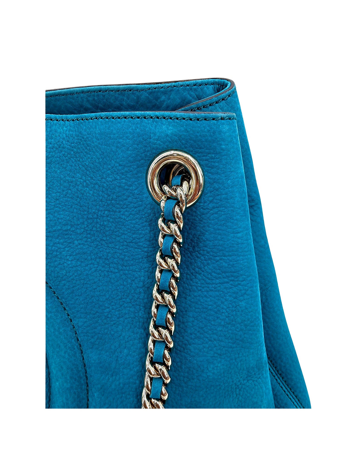 Gucci Soho Chain Shoulder Tote Teal Blue Suede Interlocking GG Tassel Bag