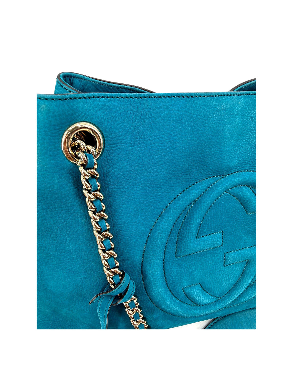 Gucci Soho Chain Shoulder Tote Teal Blue Suede Interlocking GG Tassel Bag