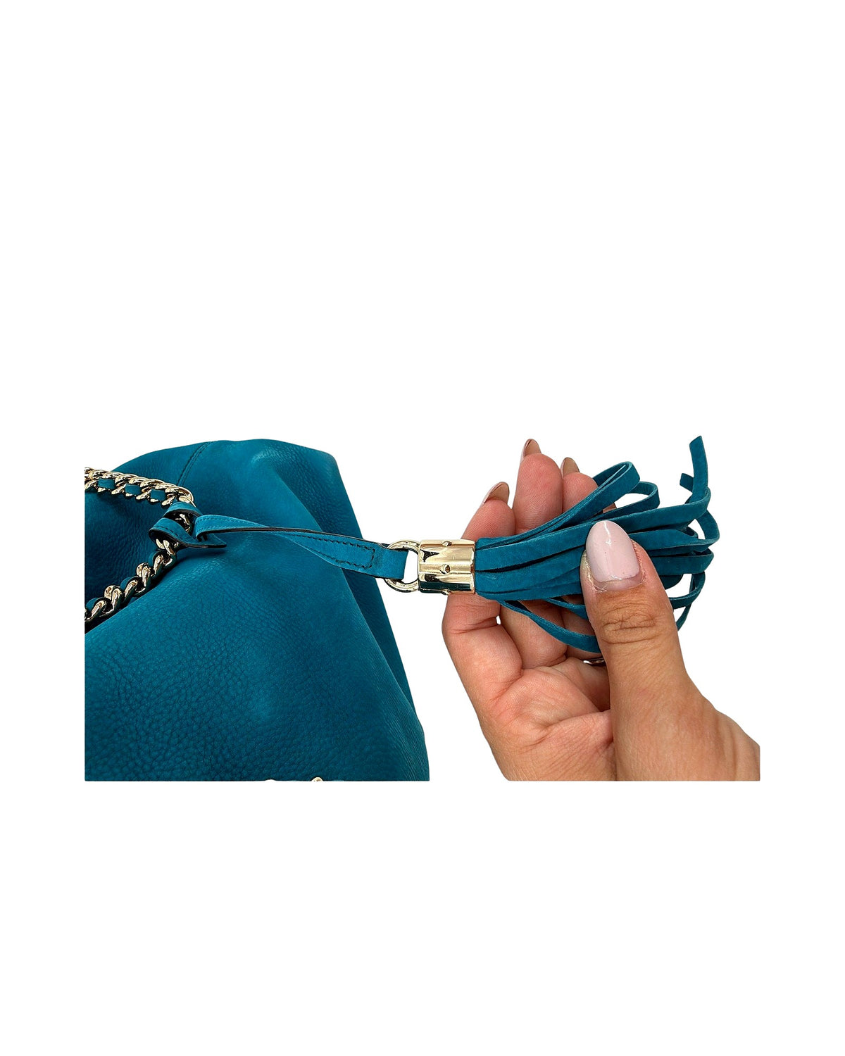 Gucci Soho Chain Shoulder Tote Teal Blue Suede Interlocking GG Tassel Bag