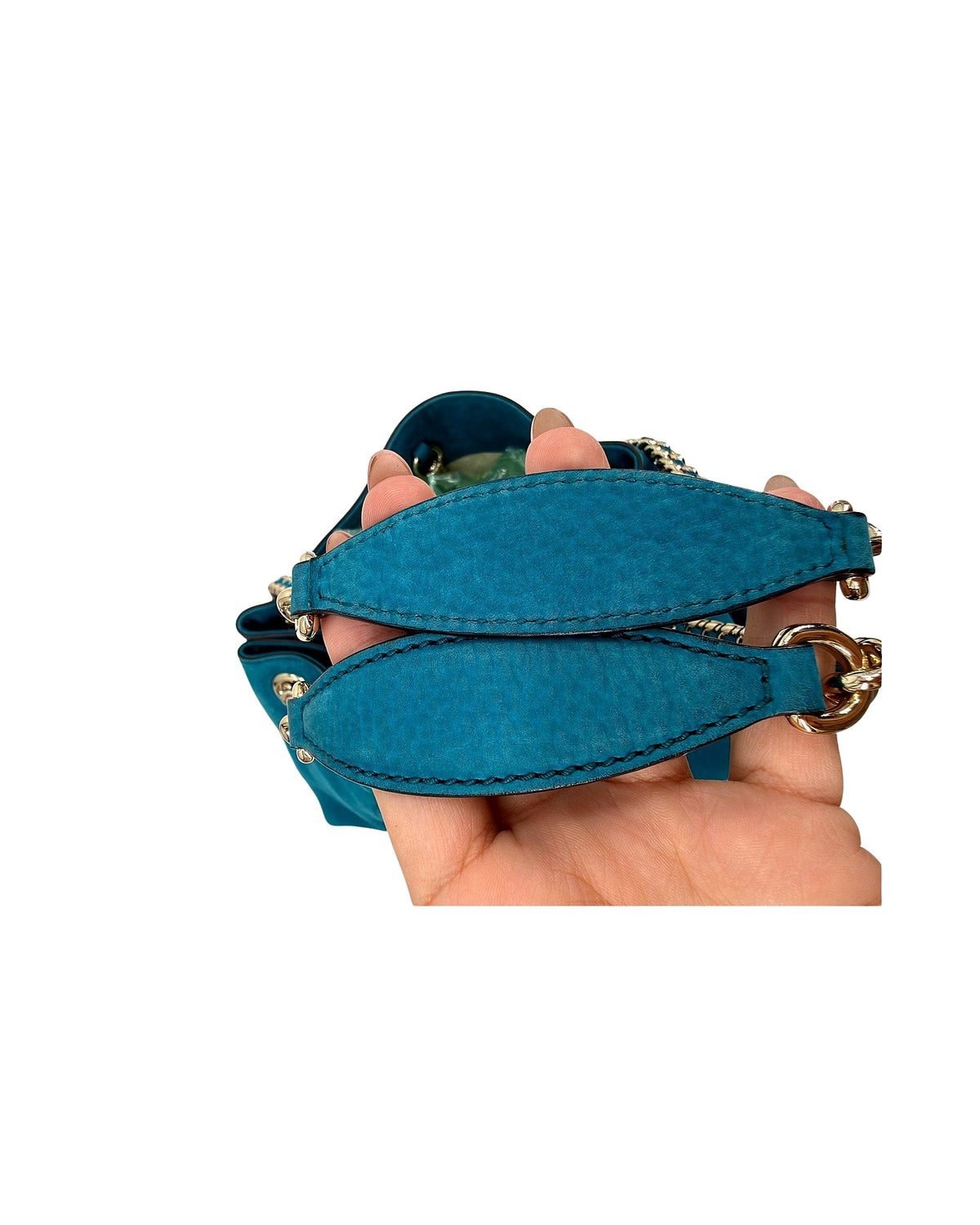 Gucci Soho Chain Shoulder Tote Teal Blue Suede Interlocking GG Tassel Bag