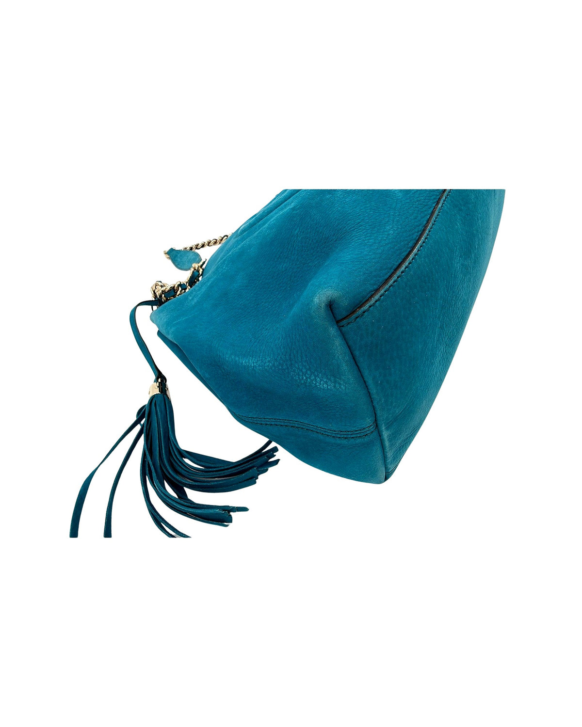Gucci Soho Chain Shoulder Tote Teal Blue Suede Interlocking GG Tassel Bag