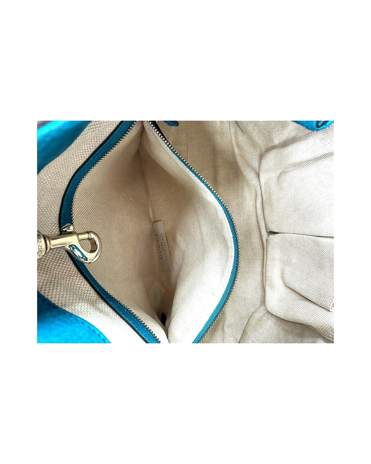 Gucci Soho Chain Shoulder Tote Teal Blue Suede Interlocking GG Tassel Bag