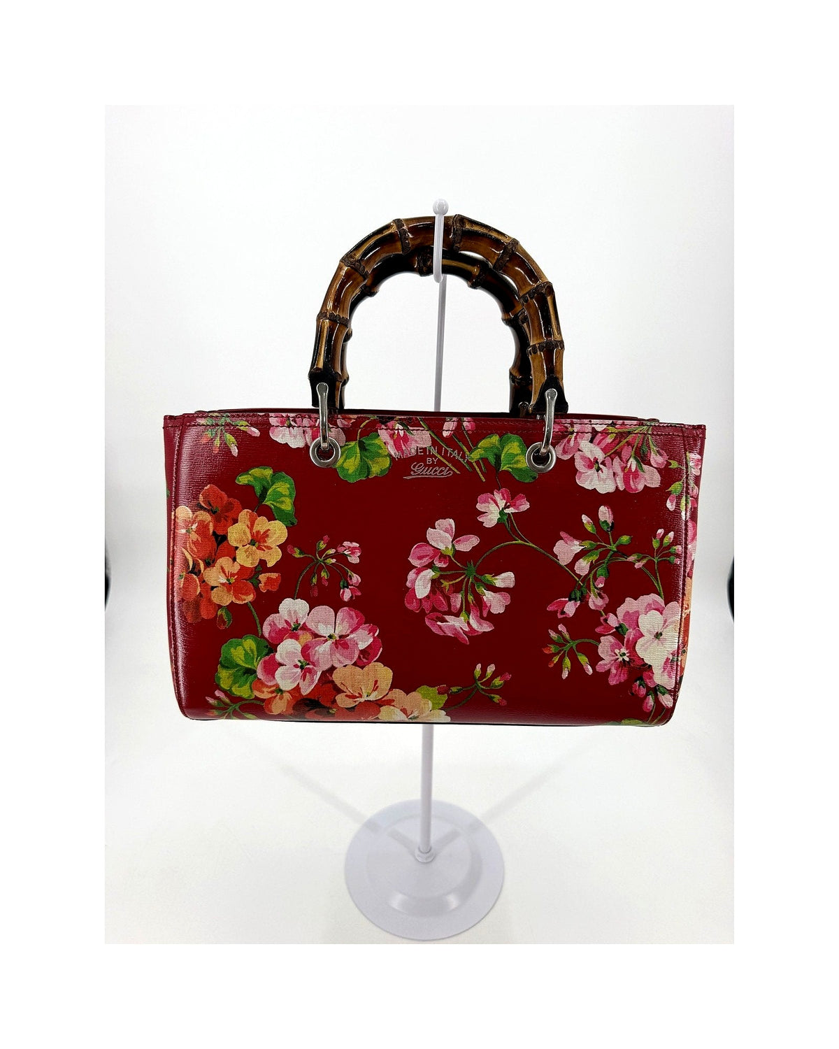 Gucci Bamboo Shopper Tote Medium Red Blooms Print Leather Bamboo Handle Bag