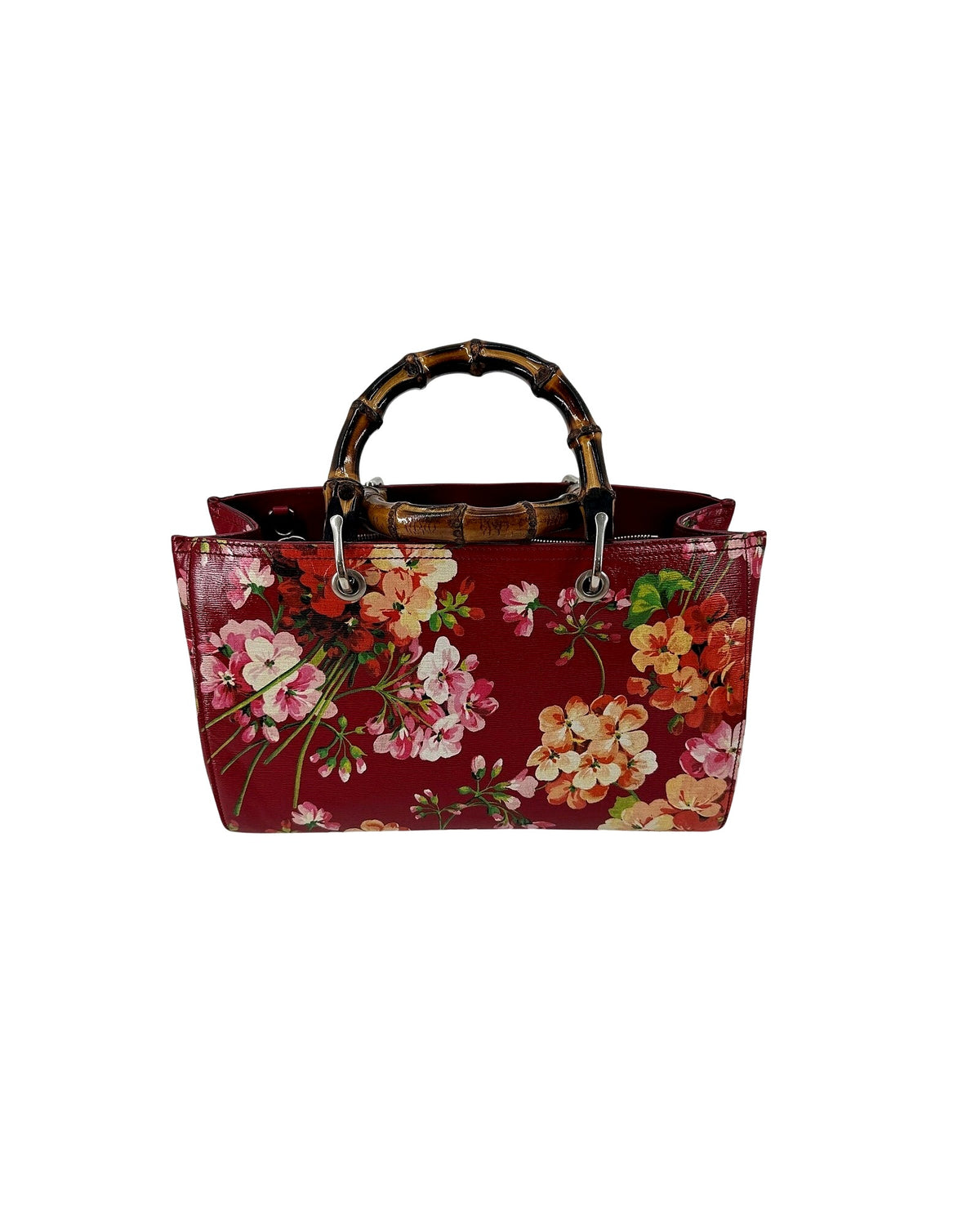 Gucci Bamboo Shopper Tote Medium Red Blooms Print Leather Bamboo Handle Bag
