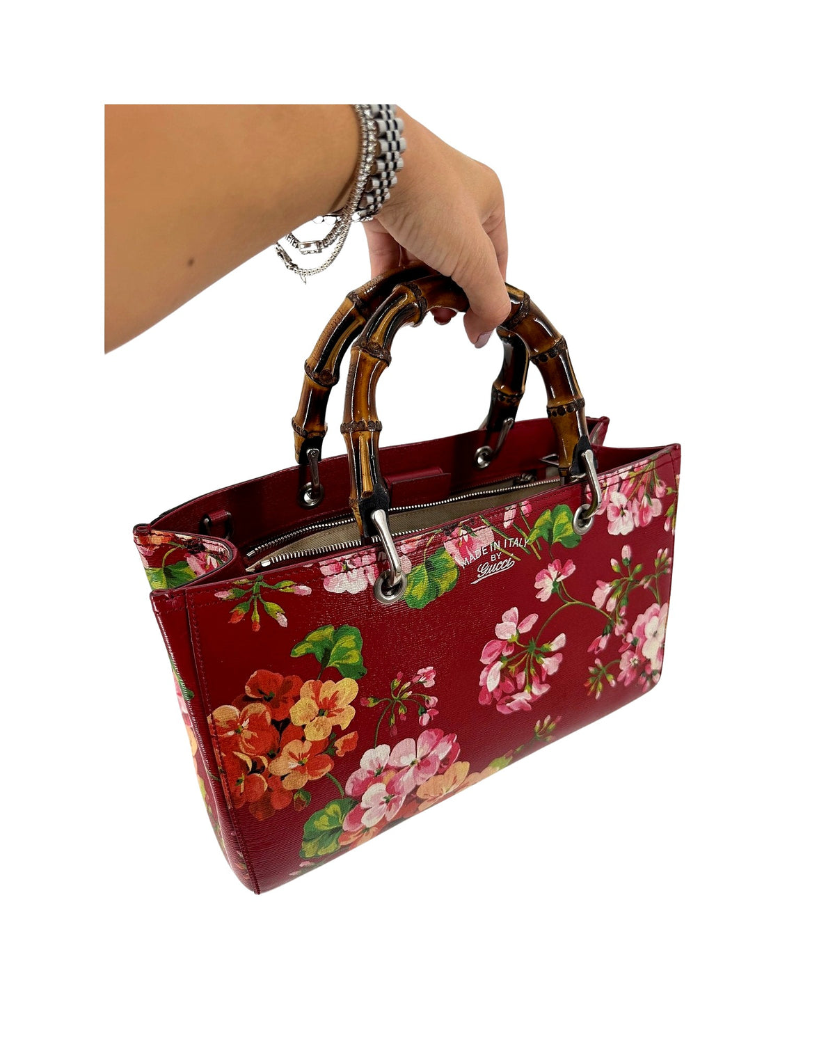 Gucci Bamboo Shopper Tote Medium Red Blooms Print Leather Bamboo Handle Bag