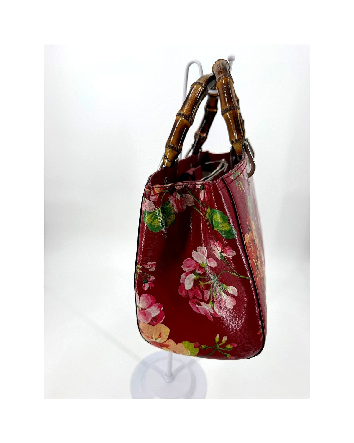Gucci Bamboo Shopper Tote Medium Red Blooms Print Leather Bamboo Handle Bag