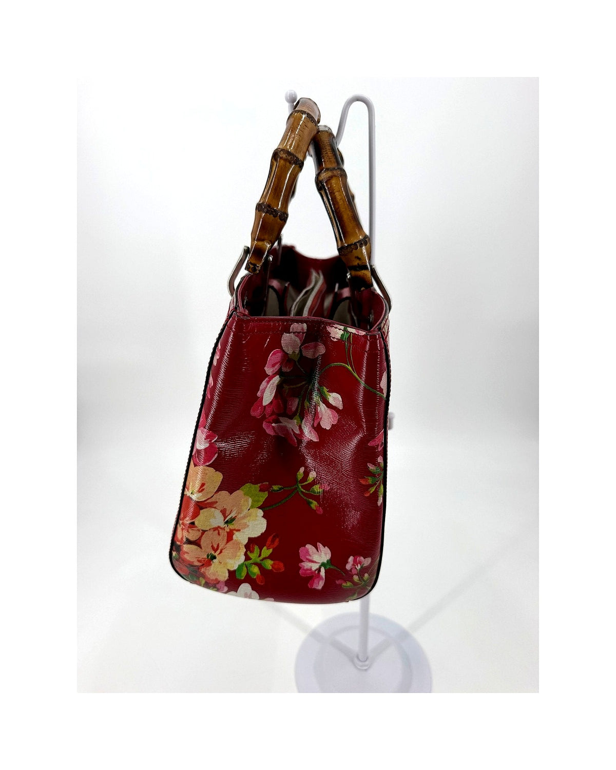 Gucci Bamboo Shopper Tote Medium Red Blooms Print Leather Bamboo Handle Bag