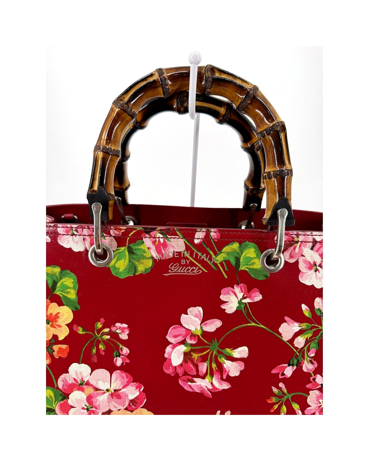 Gucci Bamboo Shopper Tote Medium Red Blooms Print Leather Bamboo Handle Bag