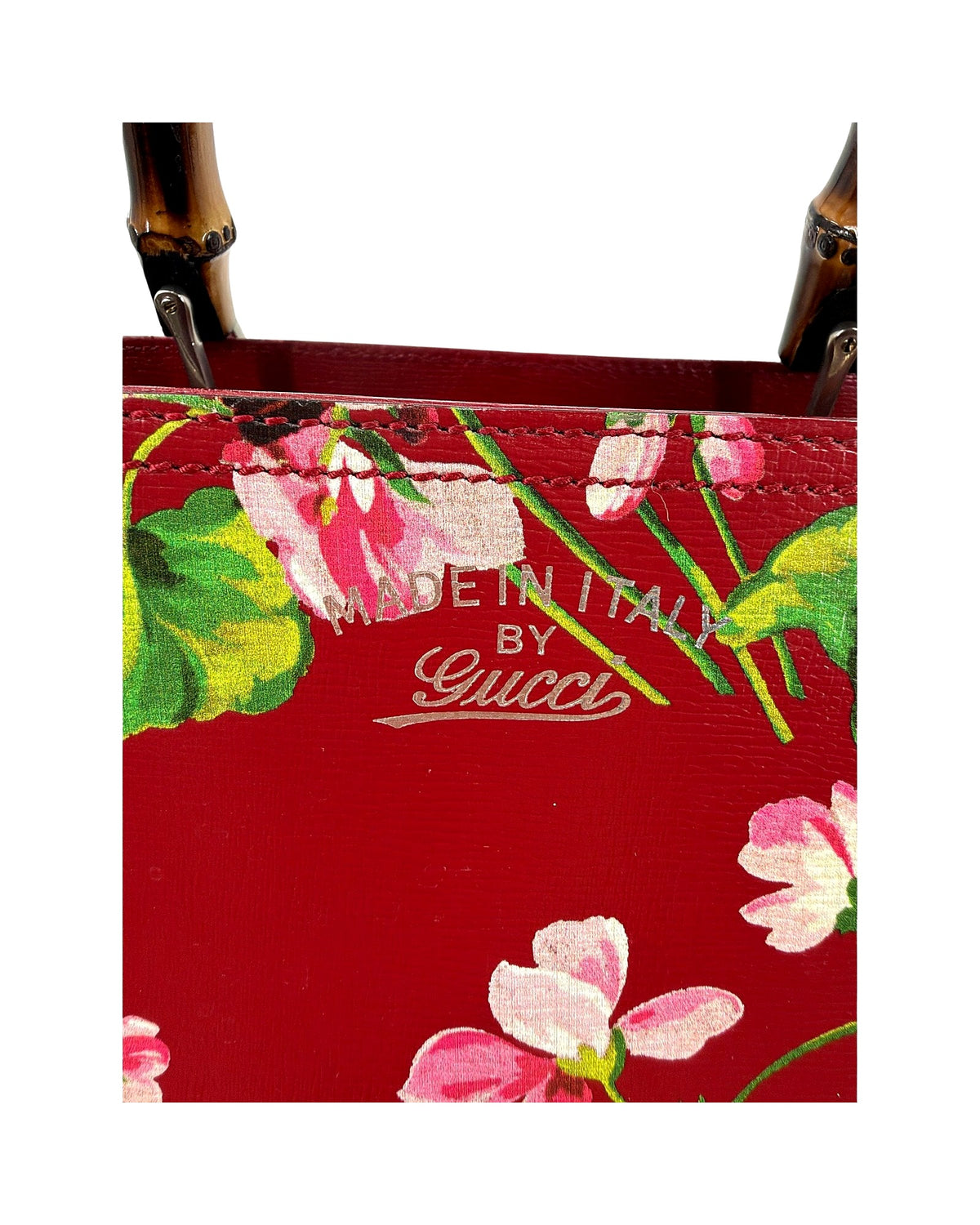Gucci Bamboo Shopper Tote Medium Red Blooms Print Leather Bamboo Handle Bag