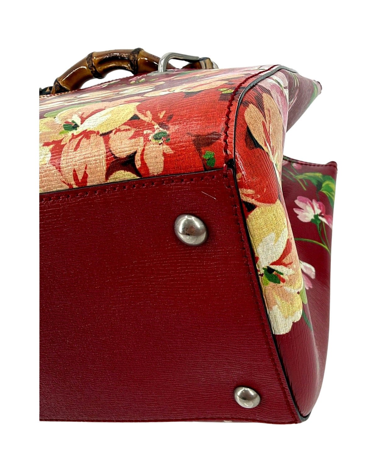 Gucci Bamboo Shopper Tote Medium Red Blooms Print Leather Bamboo Handle Bag