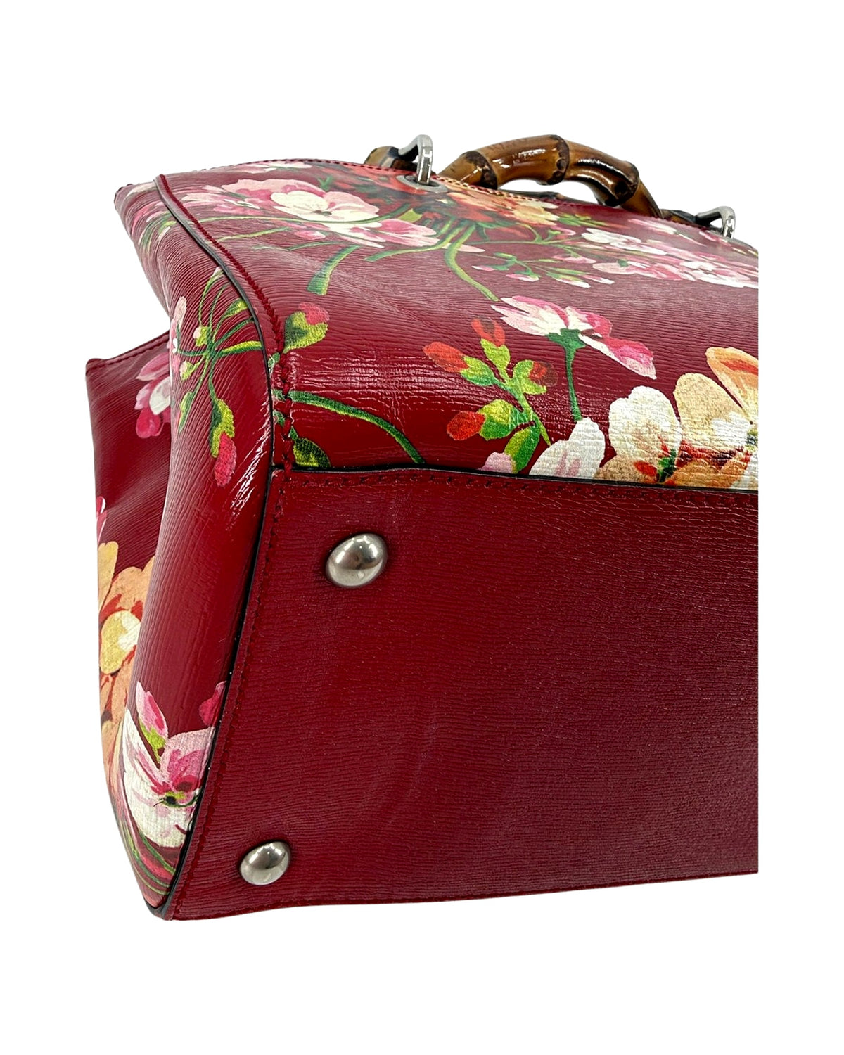 Gucci Bamboo Shopper Tote Medium Red Blooms Print Leather Bamboo Handle Bag