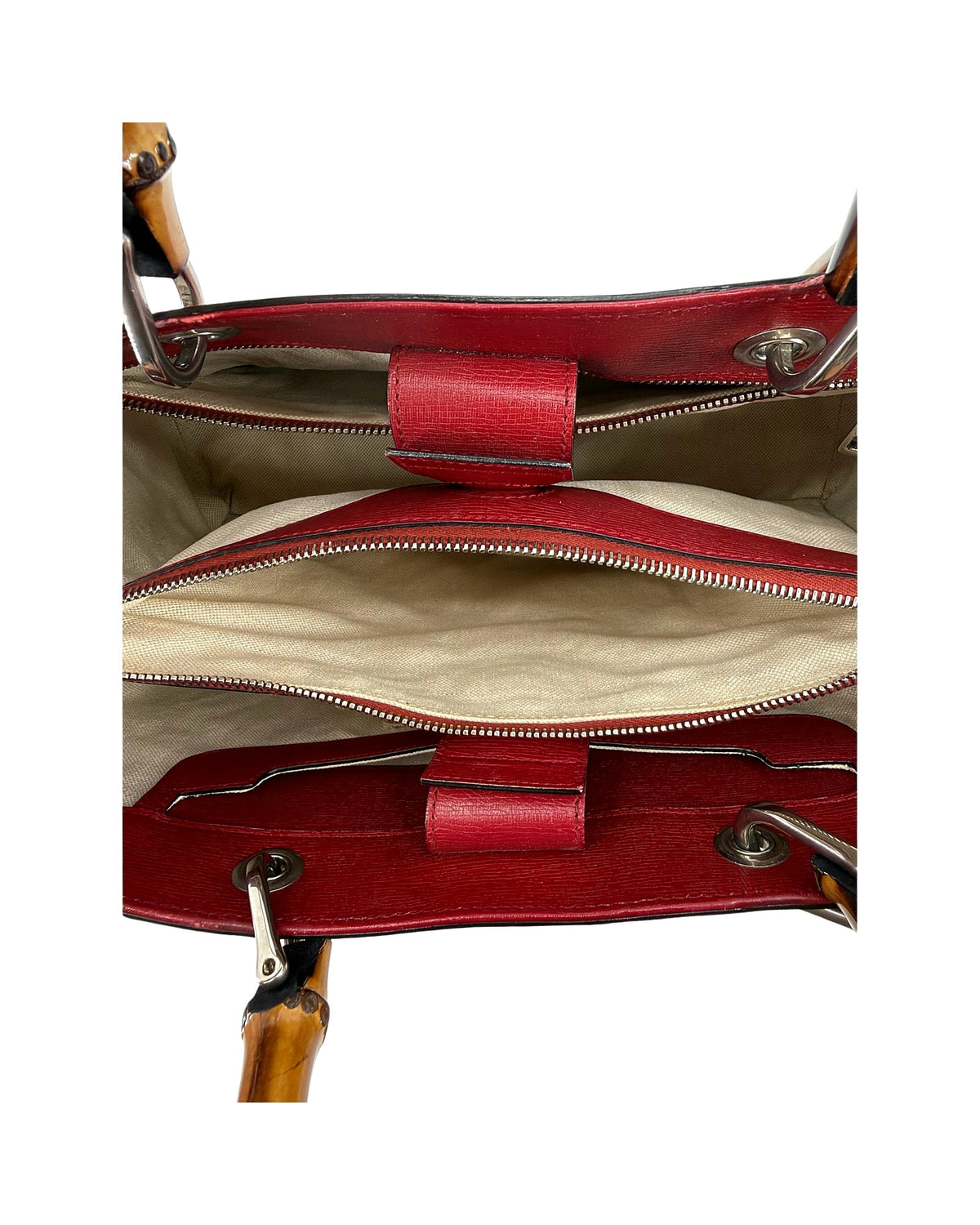 Gucci Bamboo Shopper Tote Medium Red Blooms Print Leather Bamboo Handle Bag
