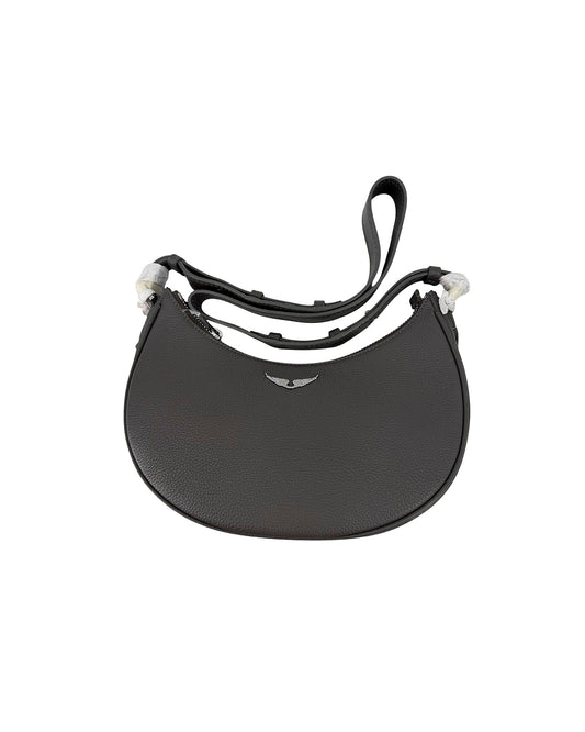 Zadig & Voltaire Moonvibe Grained Leather Half Moon Shoulder Bag Grey Road Wings