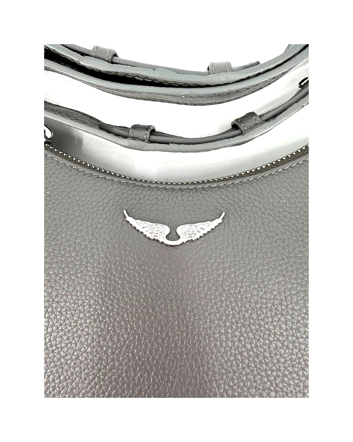 Zadig & Voltaire Moonvibe Grained Leather Half Moon Shoulder Bag Grey Road Wings
