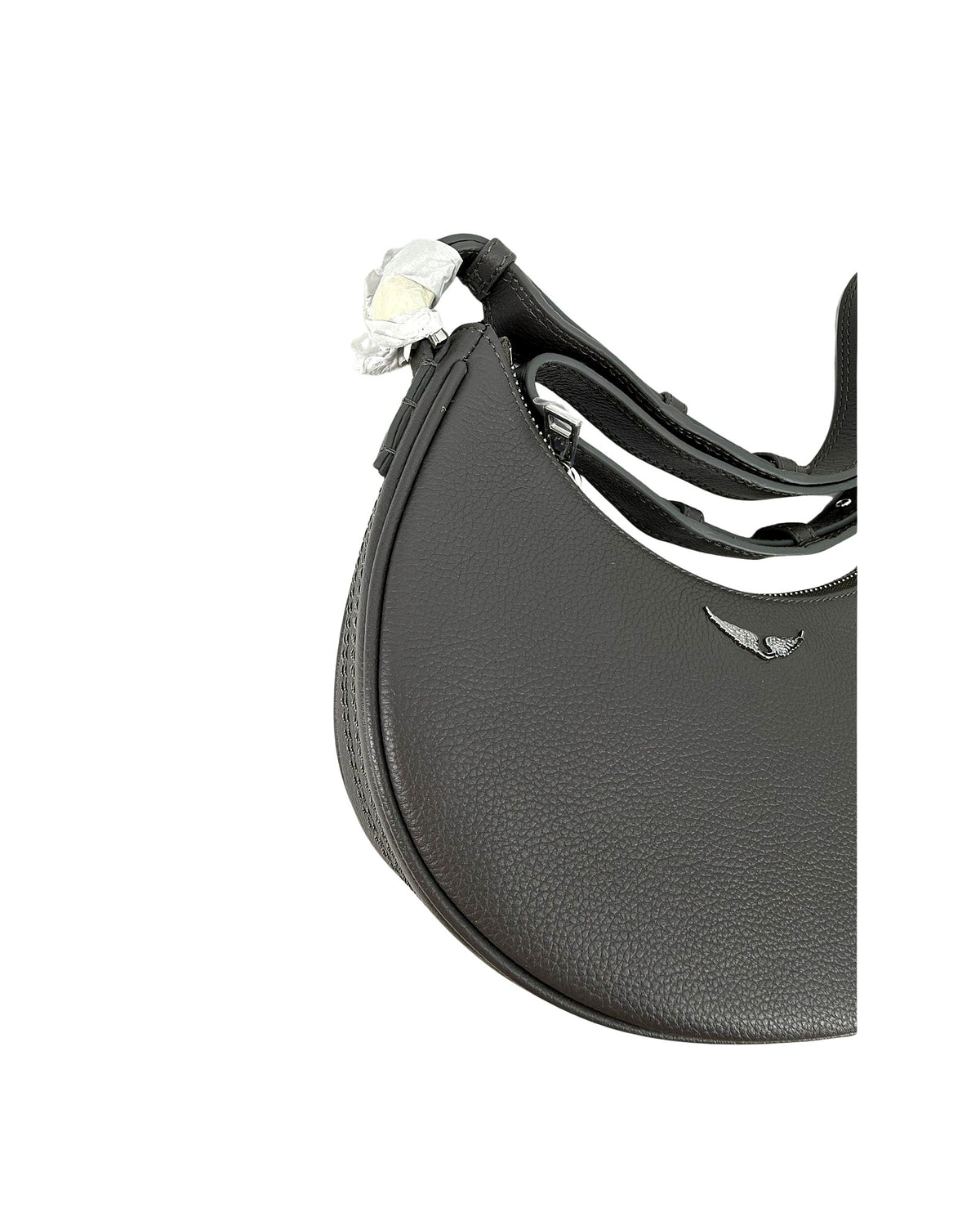 Zadig & Voltaire Moonvibe Grained Leather Half Moon Shoulder Bag Grey Road Wings