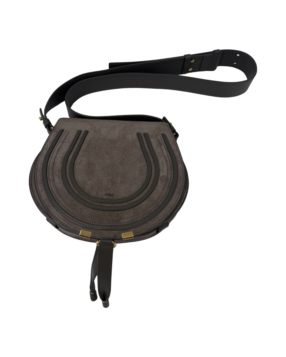 Chloe Marcie Grey Suede Saddle Crossbody Bag Gold Hardware Dust Bag
